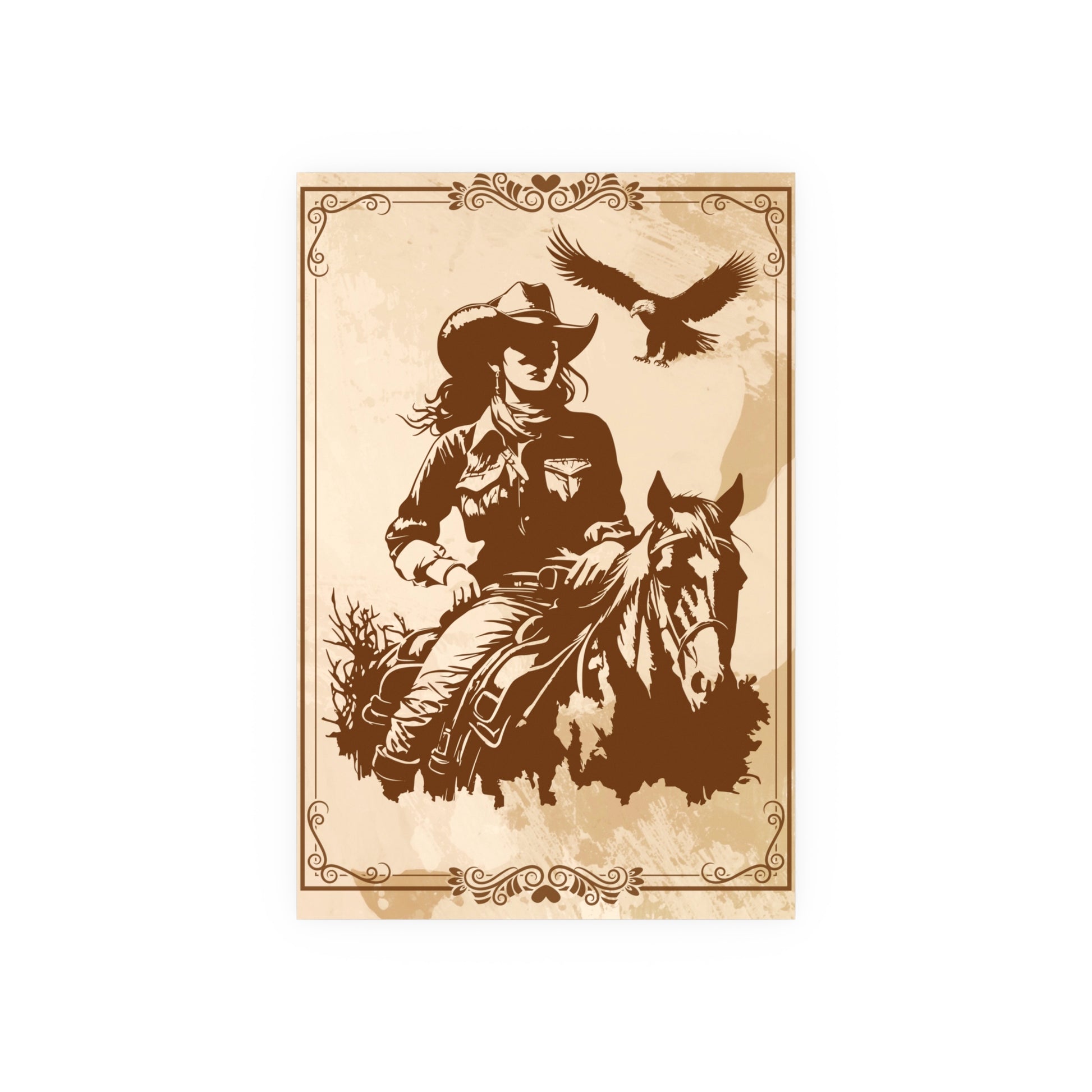 Poster - Western Reiterin sitzt auf ein Pferd im Hintergrund fliegt ein Adler
