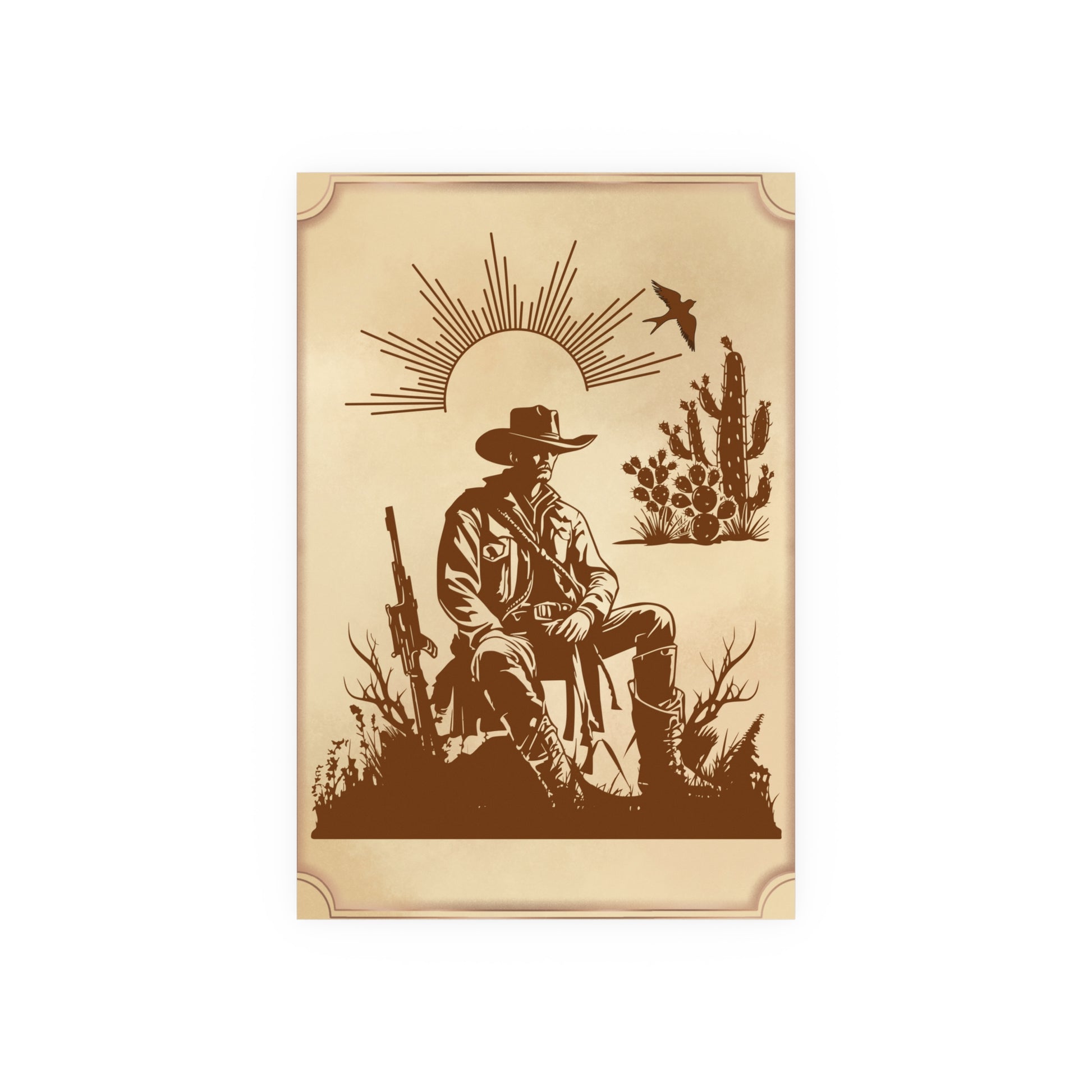 Poster Cowboy sitzt auf einem Stein in der Prärie und ruht sich aus