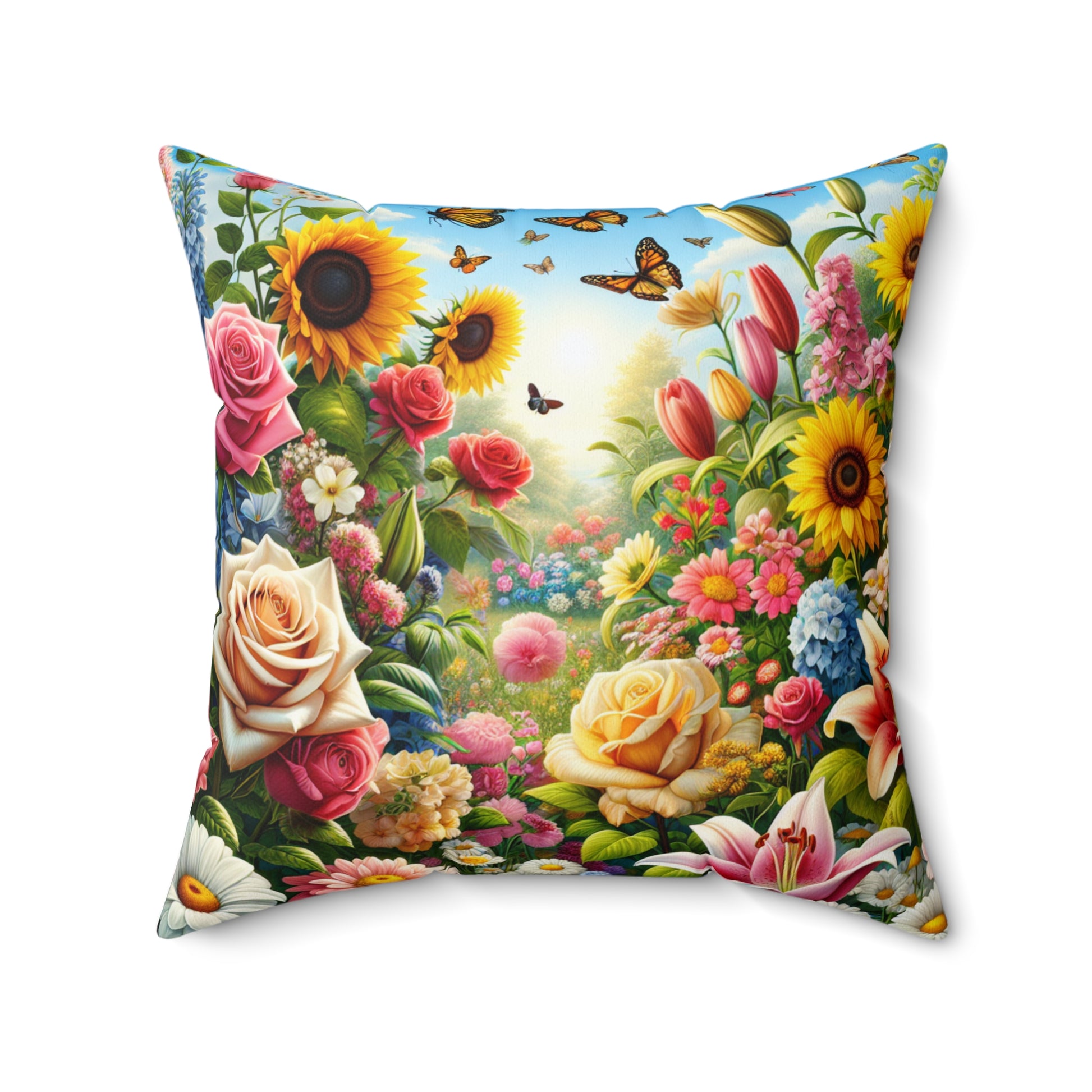Dekokissen mit Blumengarten, farbenfroher Wohnakzent, gemütliches Kissen fürs Wohnzimmer, florales Dekor, Geschenkidee für Naturliebhaber