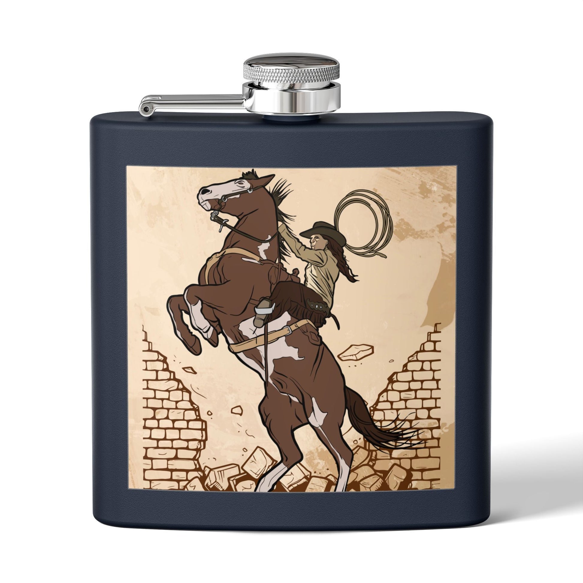 Edelstahl - Flachmann mit Cowboy - Motiv Trinkgefäß für Abenteurer - Familientruhe