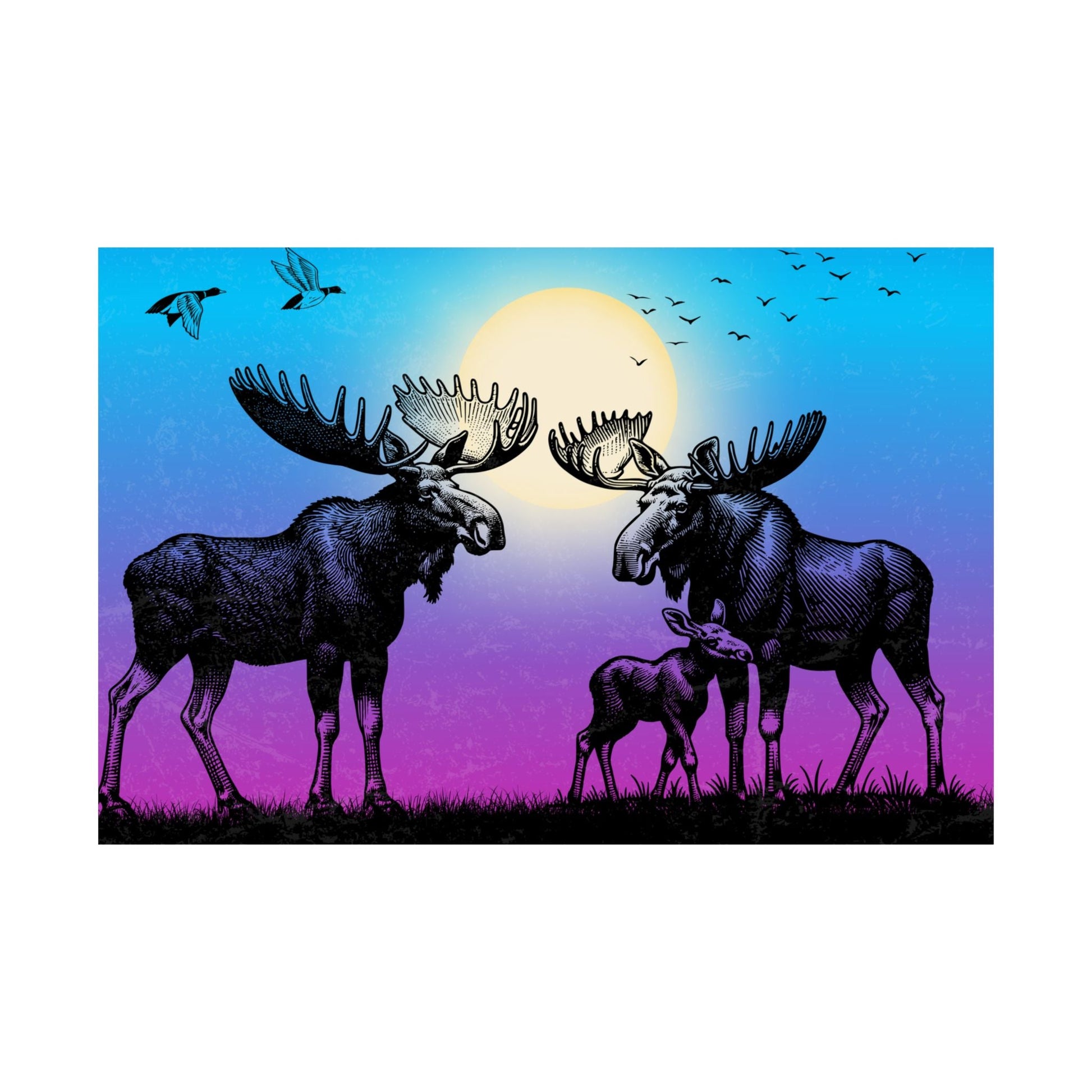 Elch Familie Satin Poster Kunstdruck, Wildlife Dekor, Naturliebhaber - Familientruhe