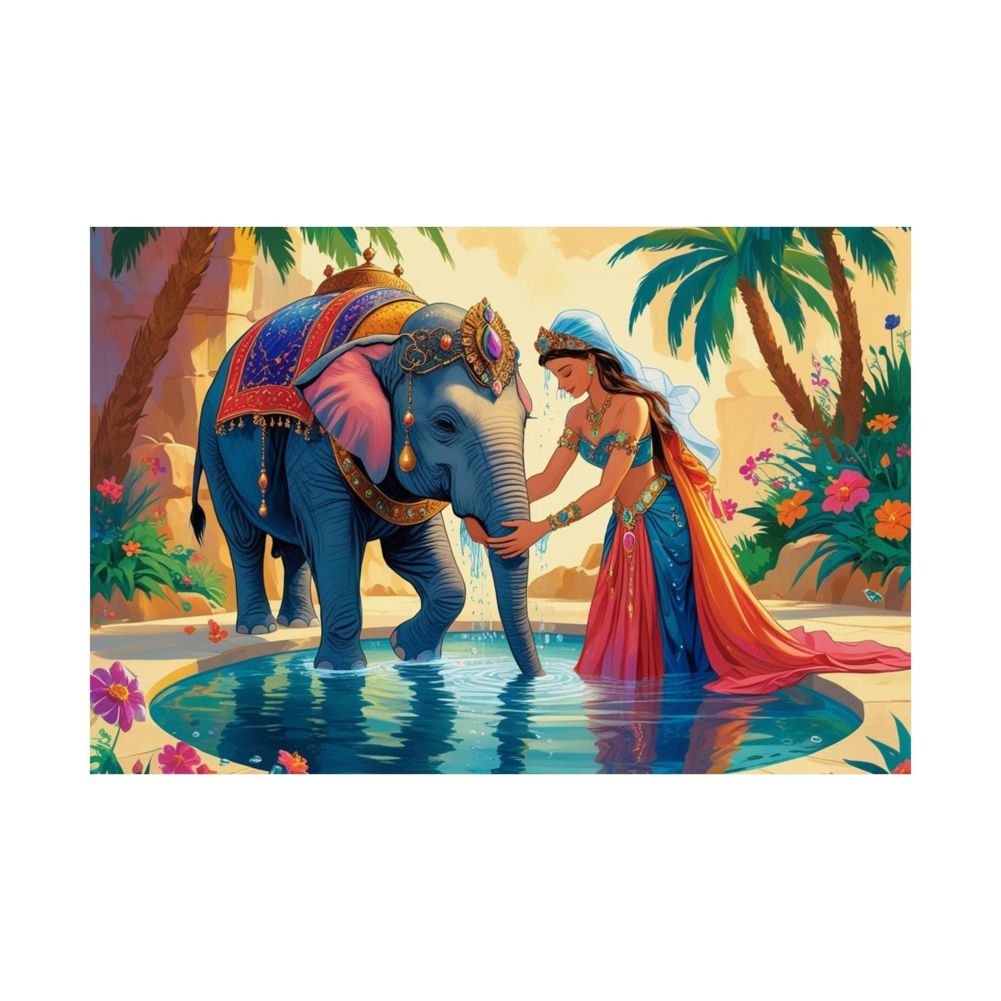 Elefant Oasis Satin Poster, Exotische Wandkunst, Tropisches Wohndekor - Familientruhe