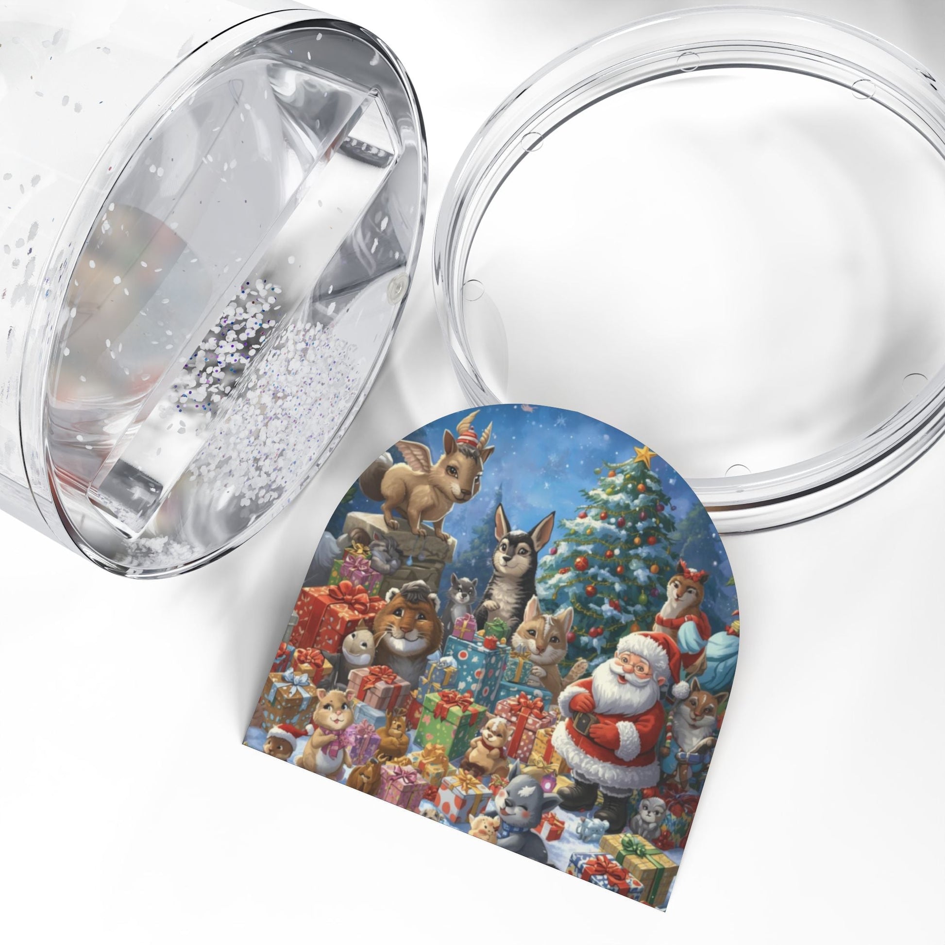 Festliche Schneekugel mit Weihnachtsmann und Tieren - Familientruhe