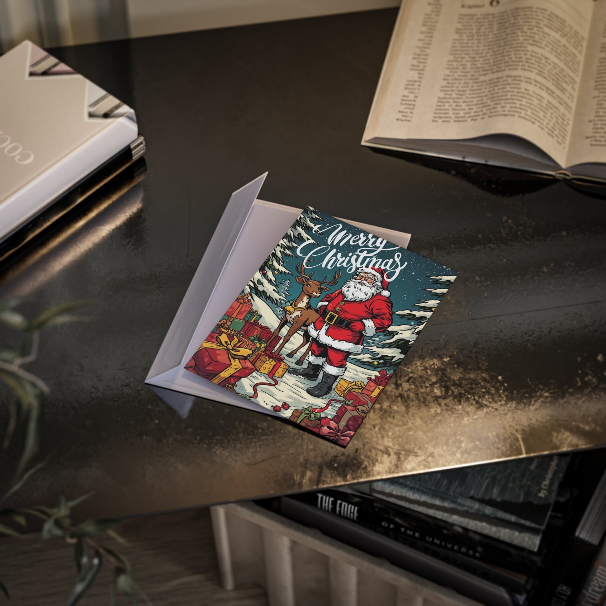 Festliche Weihnachtskarten mit Weihnachtsmann und Rentier - Familientruhe