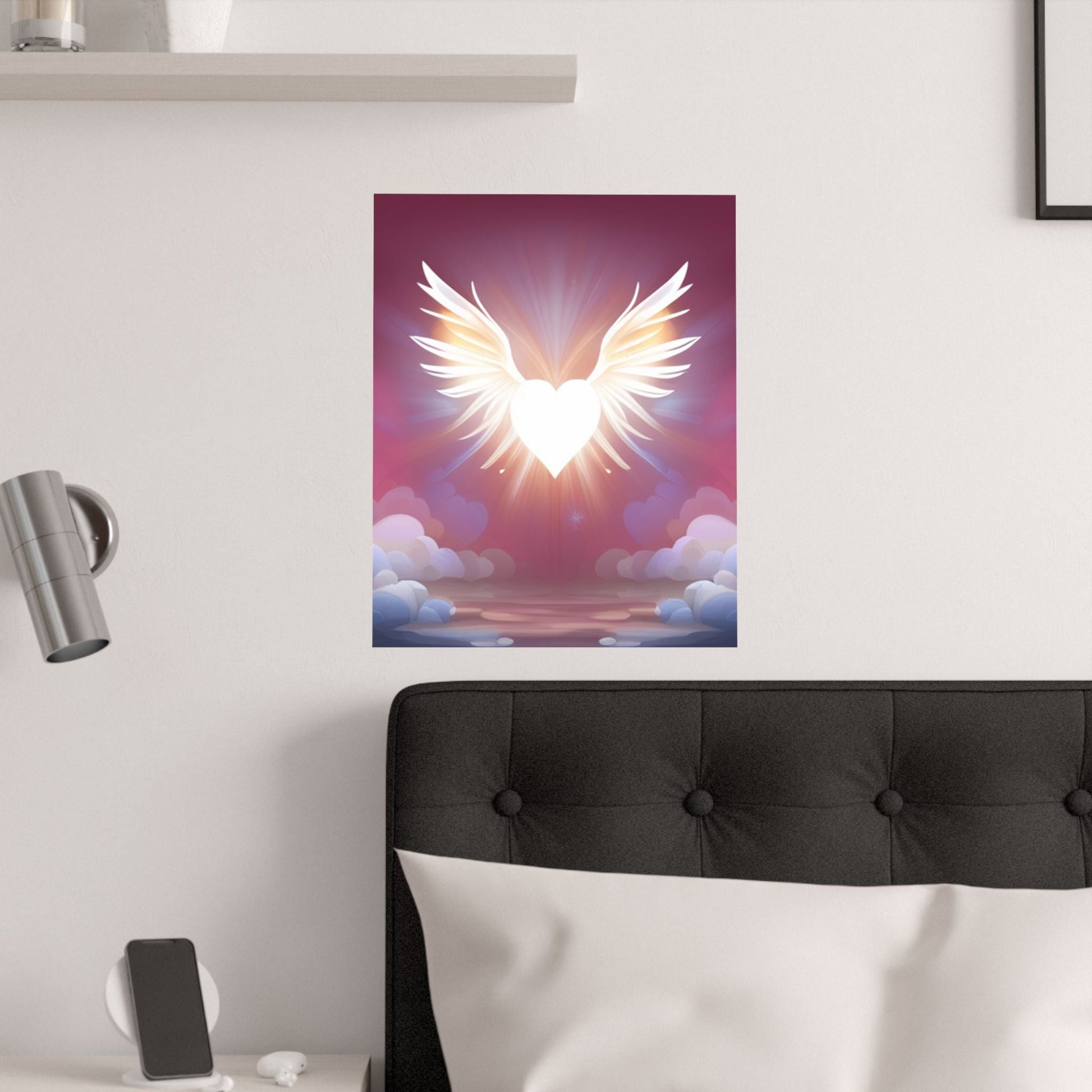 Himmlisches Herz Satin Poster, Spiritueller Kunstdruck Geflügelter Engel - Familientruhe