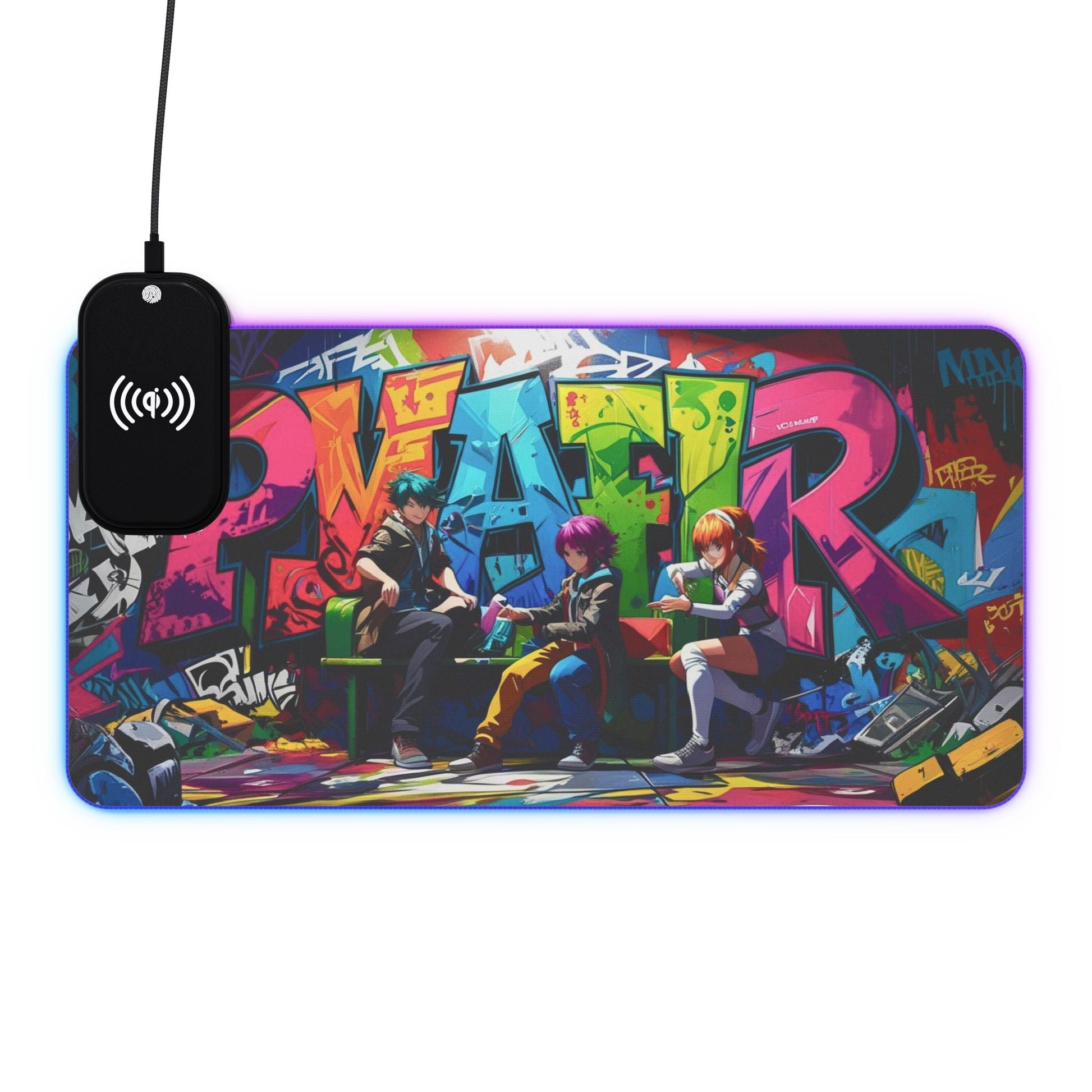 LED - Gaming - Mauspad – Kabelloses Laden, buntes Graffiti - Design - Familientruhe