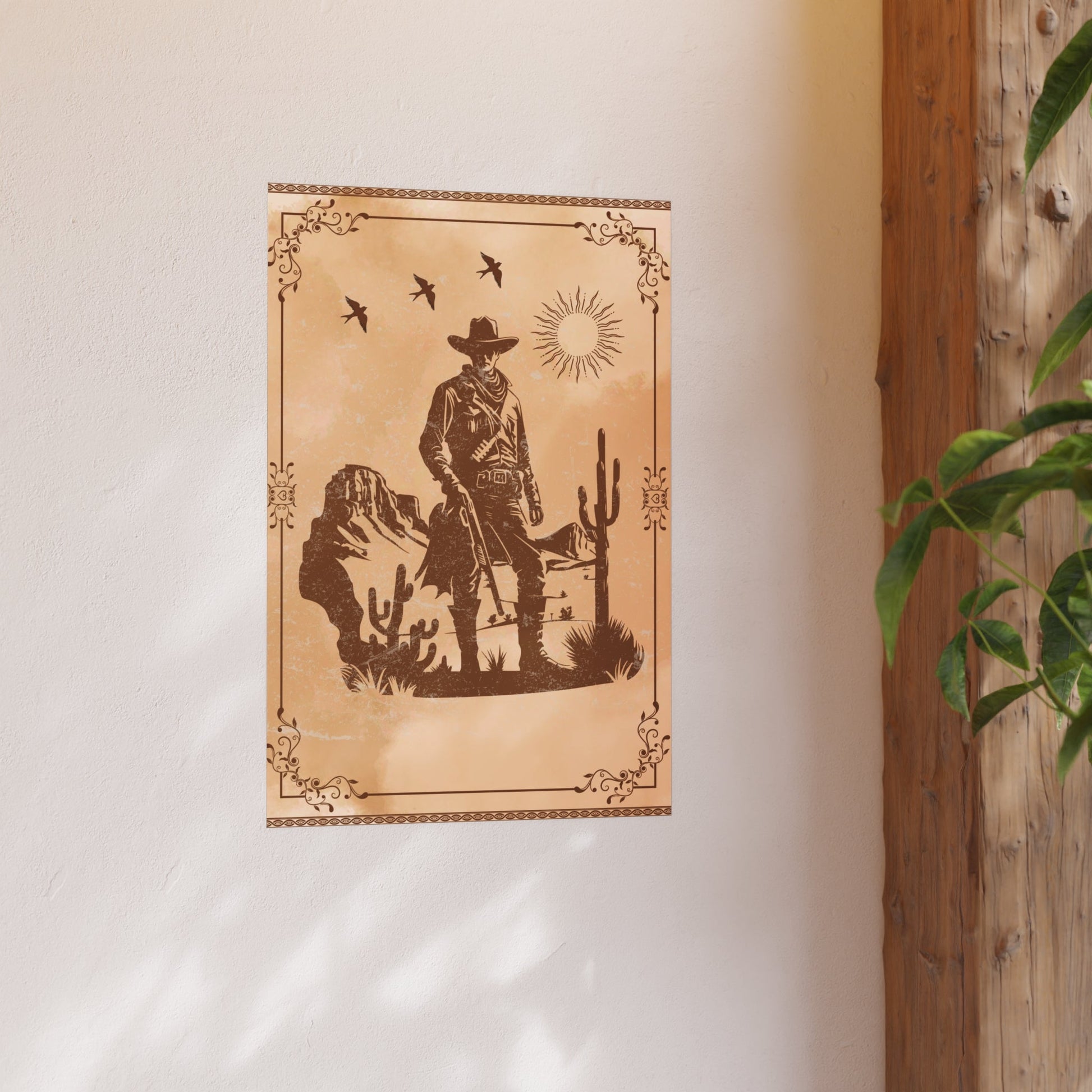 Poster - Cowboy - Schatten auf alt - Rustikal braunem Prärie - Hintergrund - Familientruhe