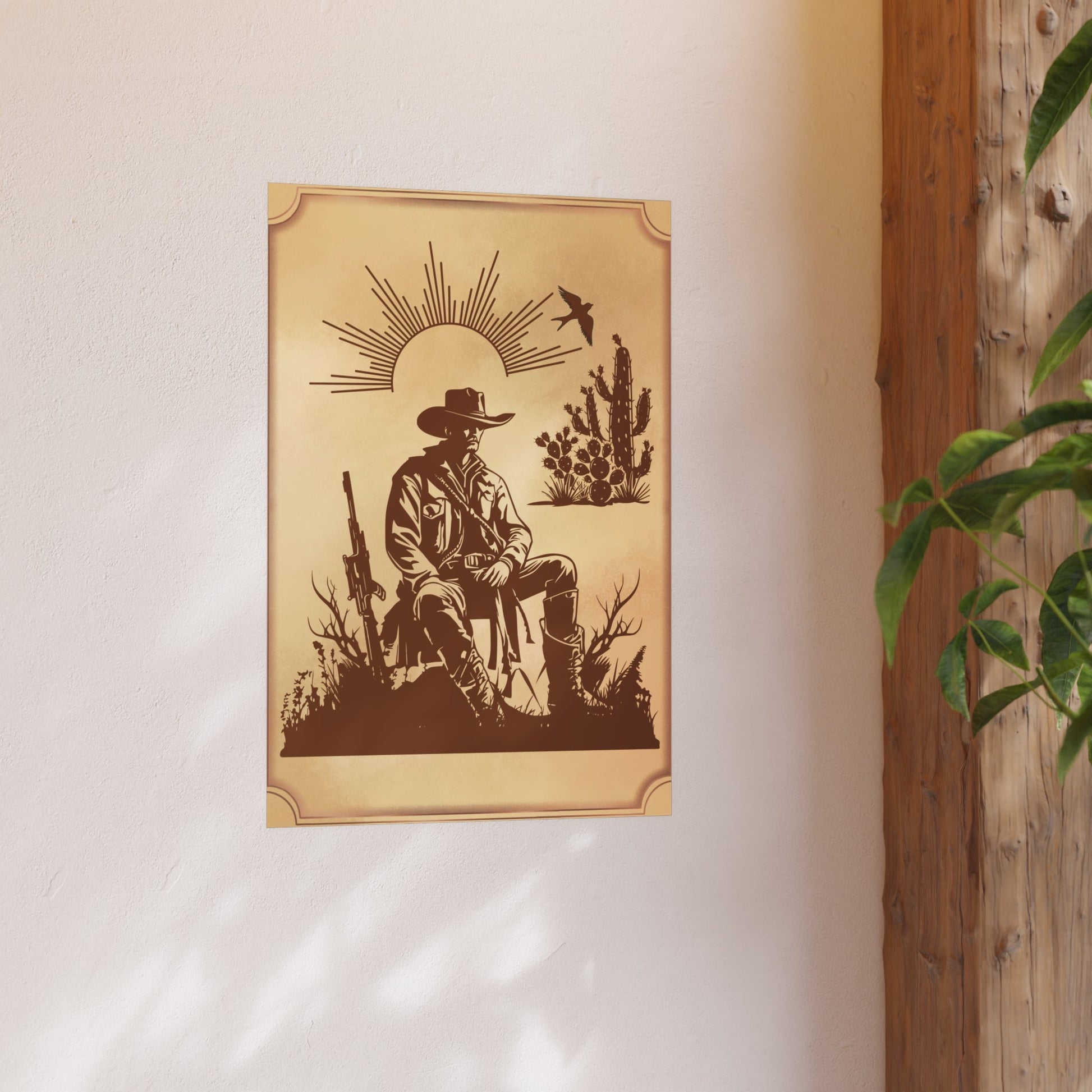 Poster Cowboy sitzt auf einem Stein in der Prärie und ruht sich aus - Familientruhe