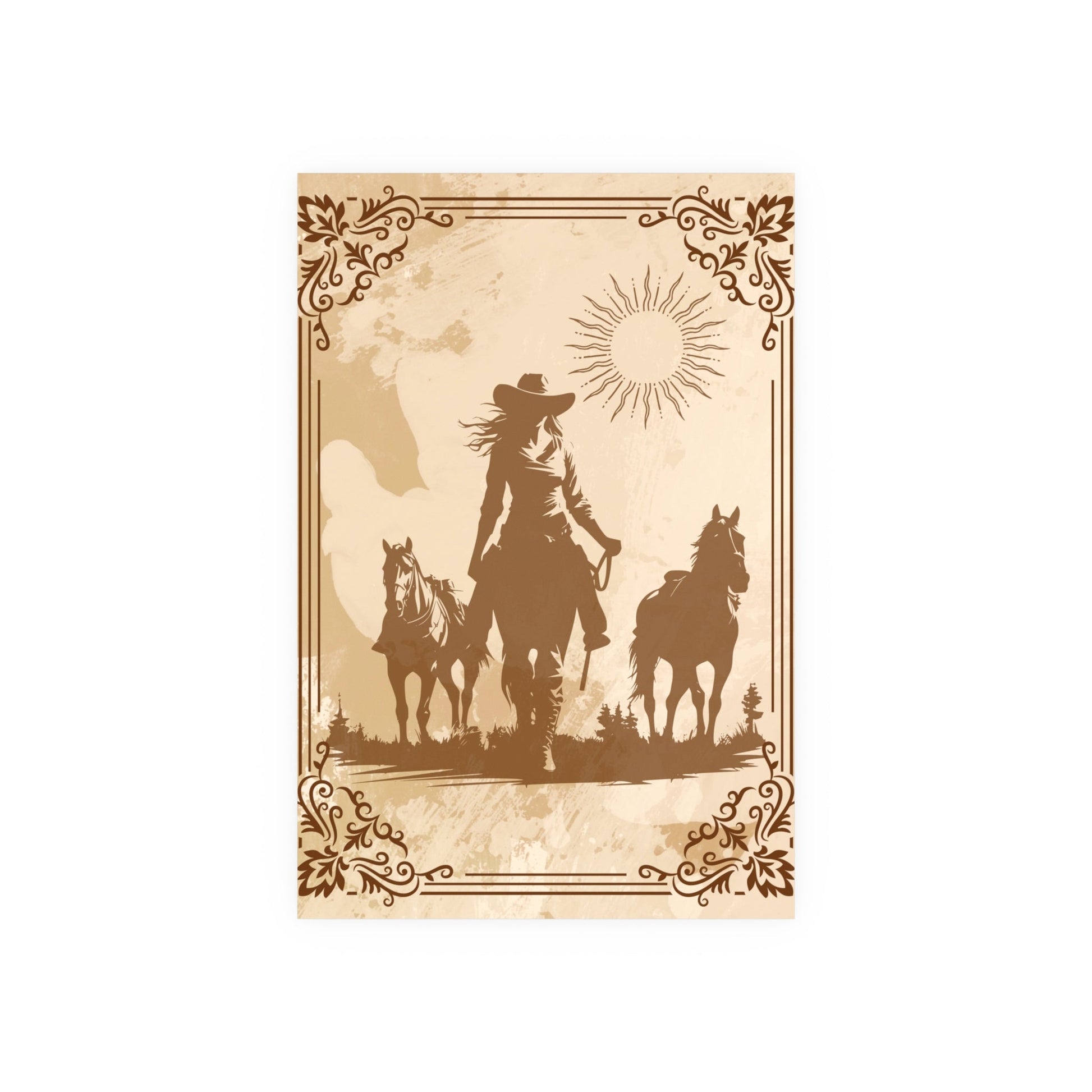 Poster - Dame mit zwei Pferden im braun - schwarzen Schattenhintergrund - Familientruhe