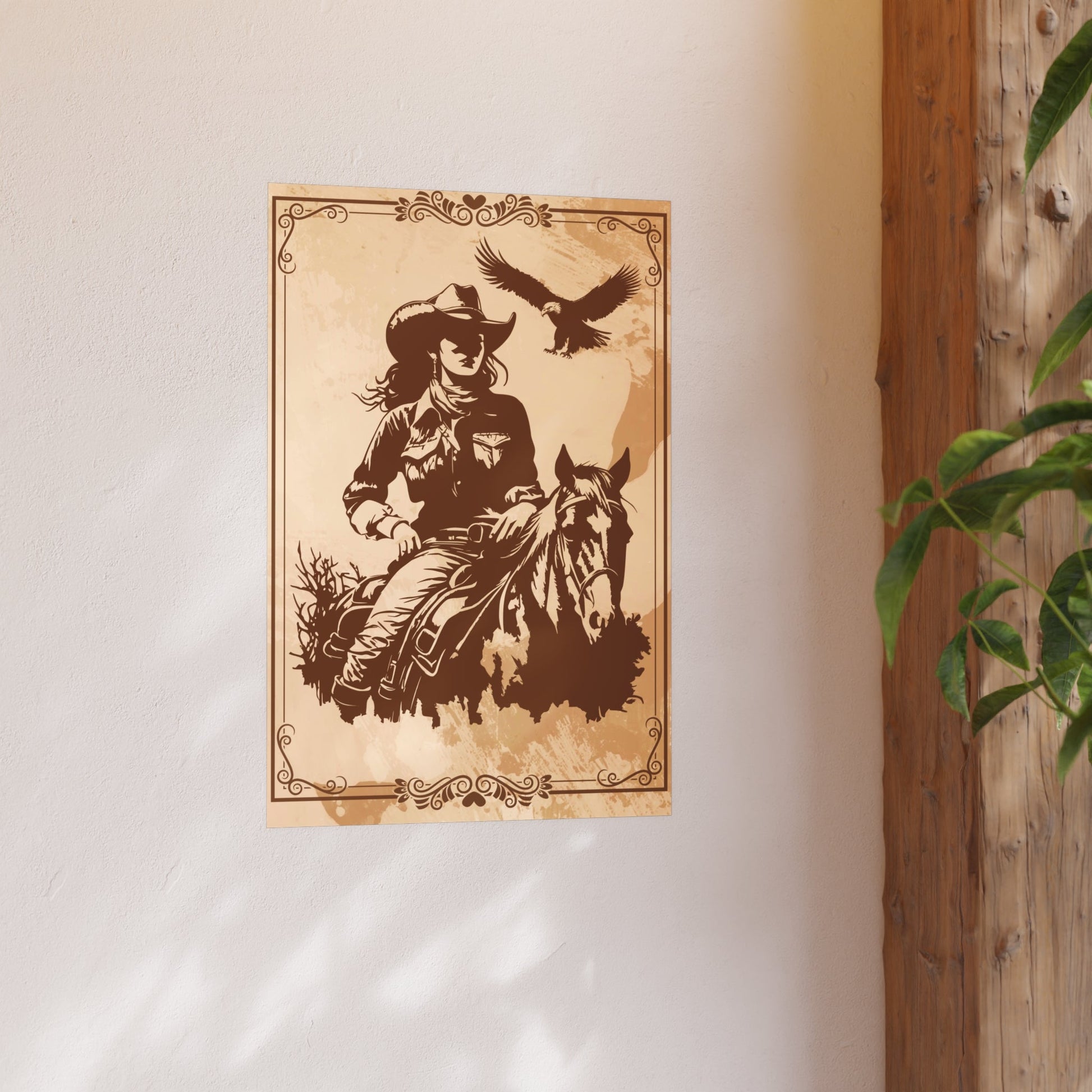 Poster - Western Reiterin sitzt auf ein Pferd im Hintergrund fliegt ein Adler - Familientruhe