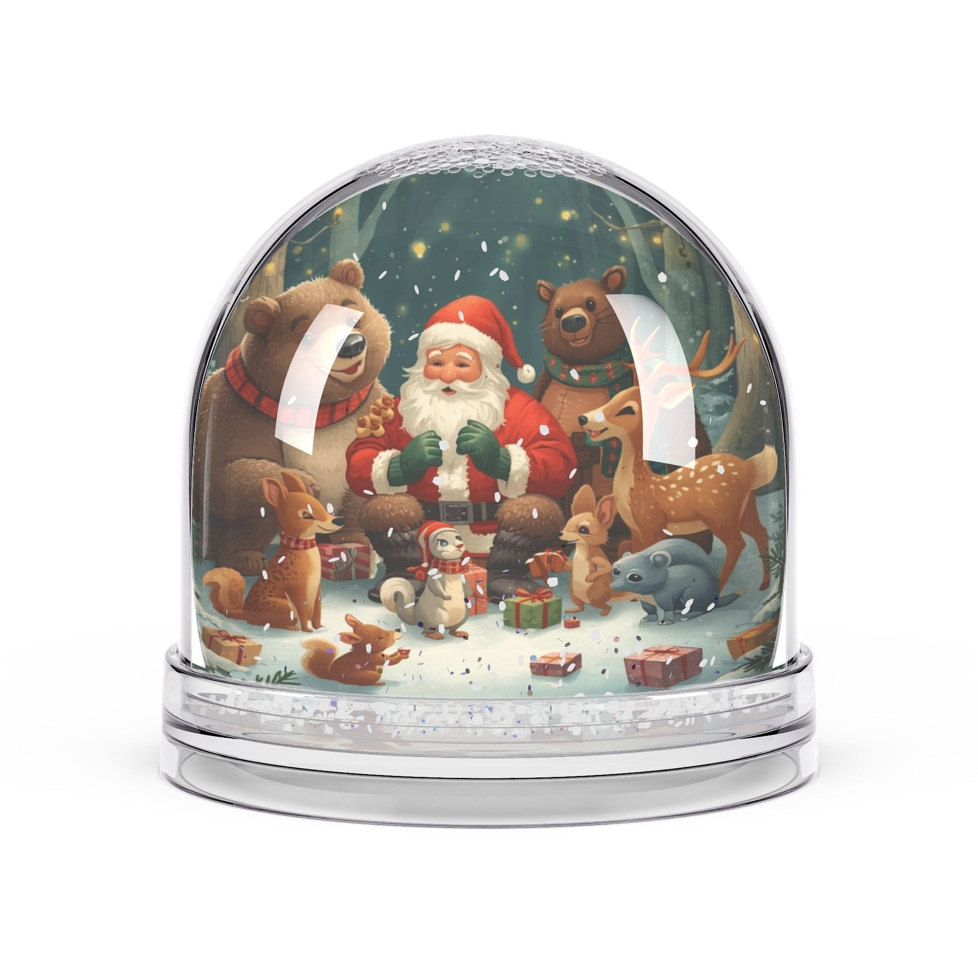 Schneekugel - Ornament mit Tieren und Weihnachtsmann - Familientruhe