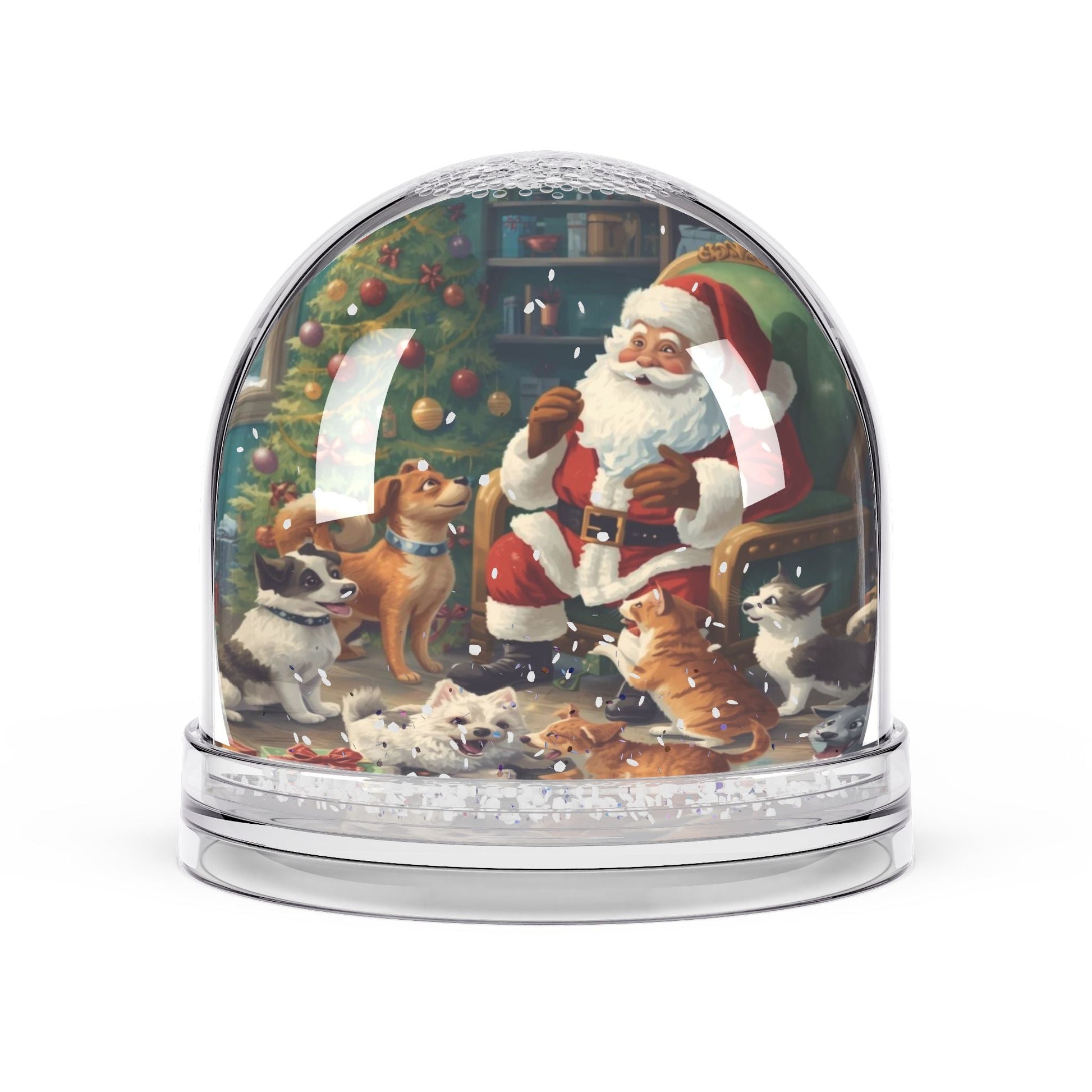 Weihnachts - Schneekugel mit Weihnachtsmann und Haustieren - Familientruhe