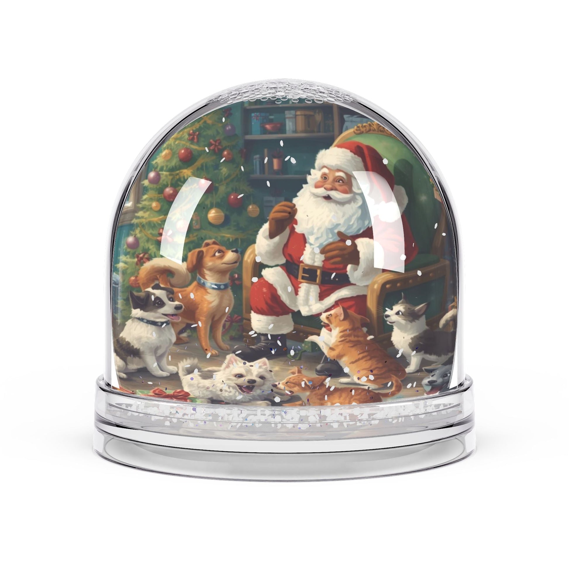 Weihnachts - Schneekugel mit Weihnachtsmann und Haustieren - Familientruhe