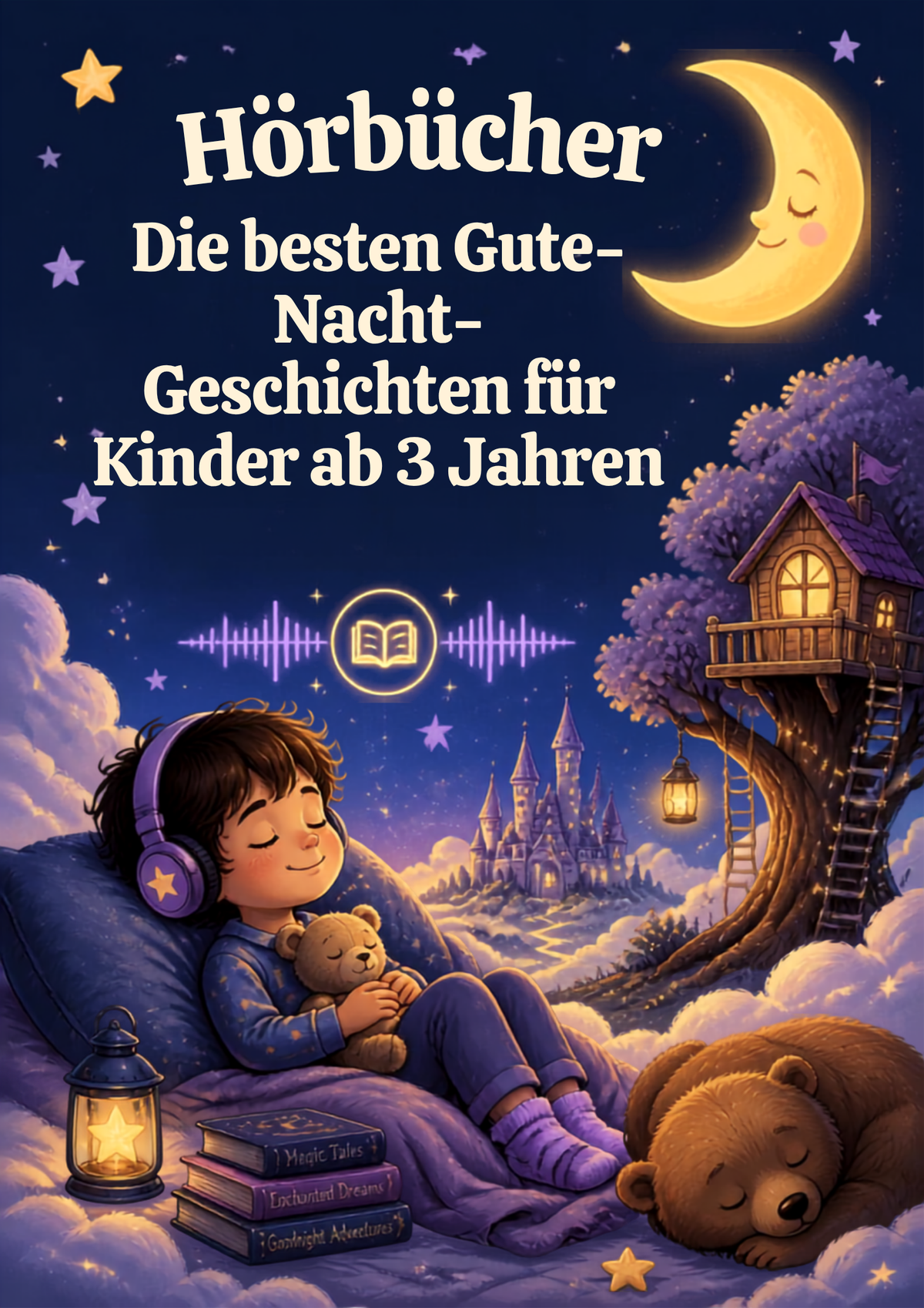 Was sind Hörbücher Die besten Gute-Nacht-Geschichten für Kinder ab 3 Jahren with a cozy bedtime scene.