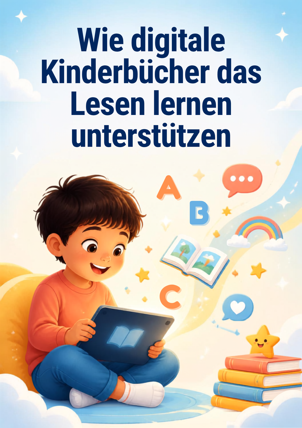 Ein Junge liest auf einem Tablet mit dem Titel: Wie digitale Kinderbücher das Lesen lernen unterstützen.