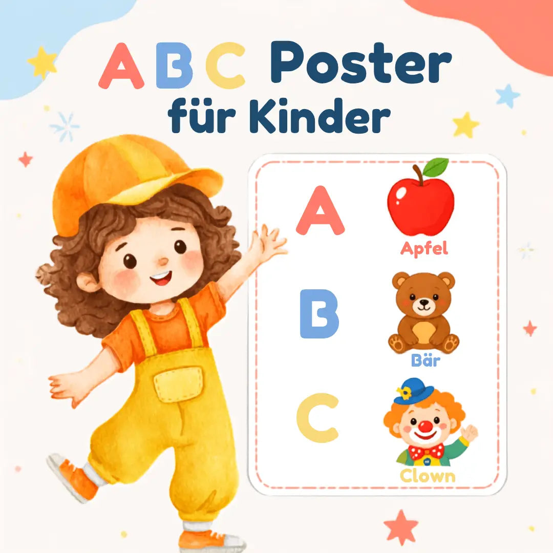 ABC Poster für Kinder- Digital mit bunten Illustrationen und einem lächelnden Kind, das das Alphabet lernt.