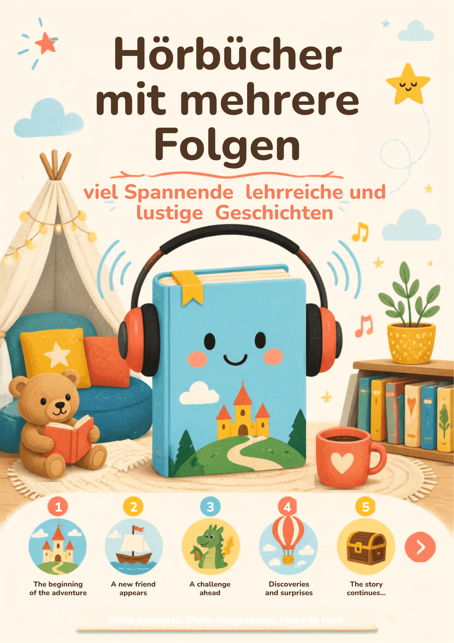 Hörbuch Abenteuer auf dem Bauernhof mit 10 Kapitel, bunte Illustration von Bauernhof und Tieren.