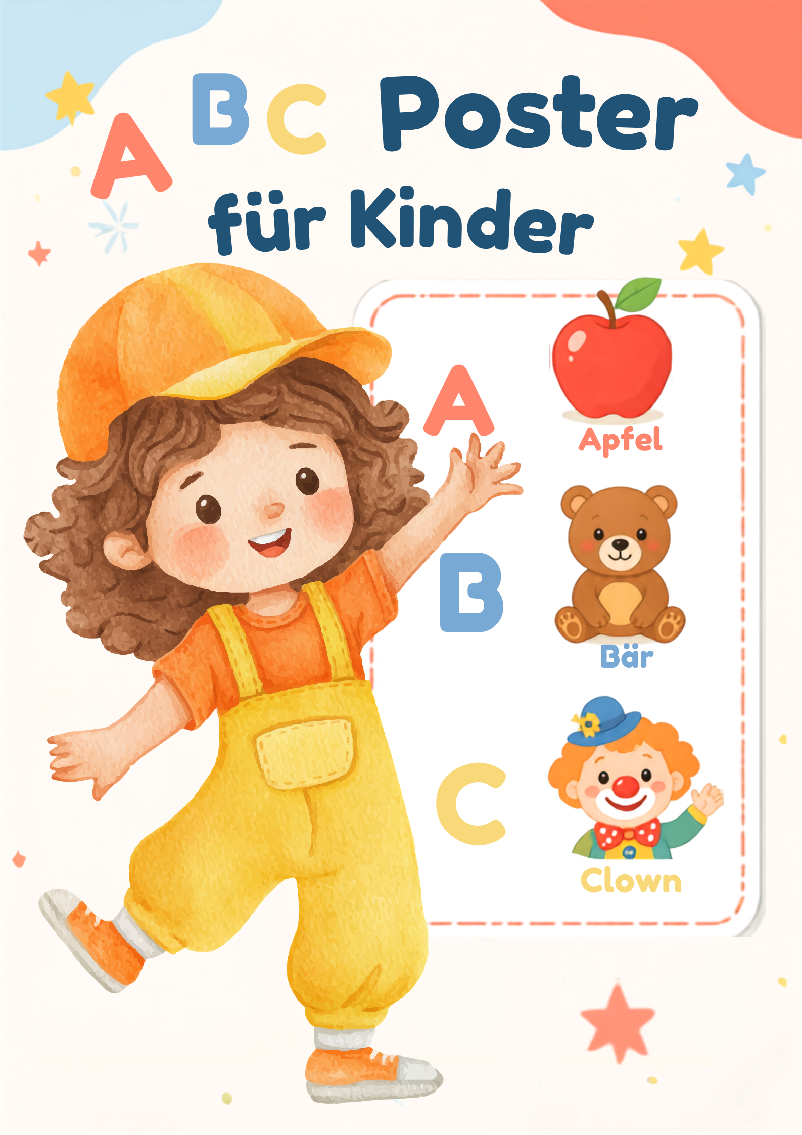 ABC Poster für Kinder- Digital mit bunten Illustrationen und einem lächelnden Kind, das das Alphabet lernt.