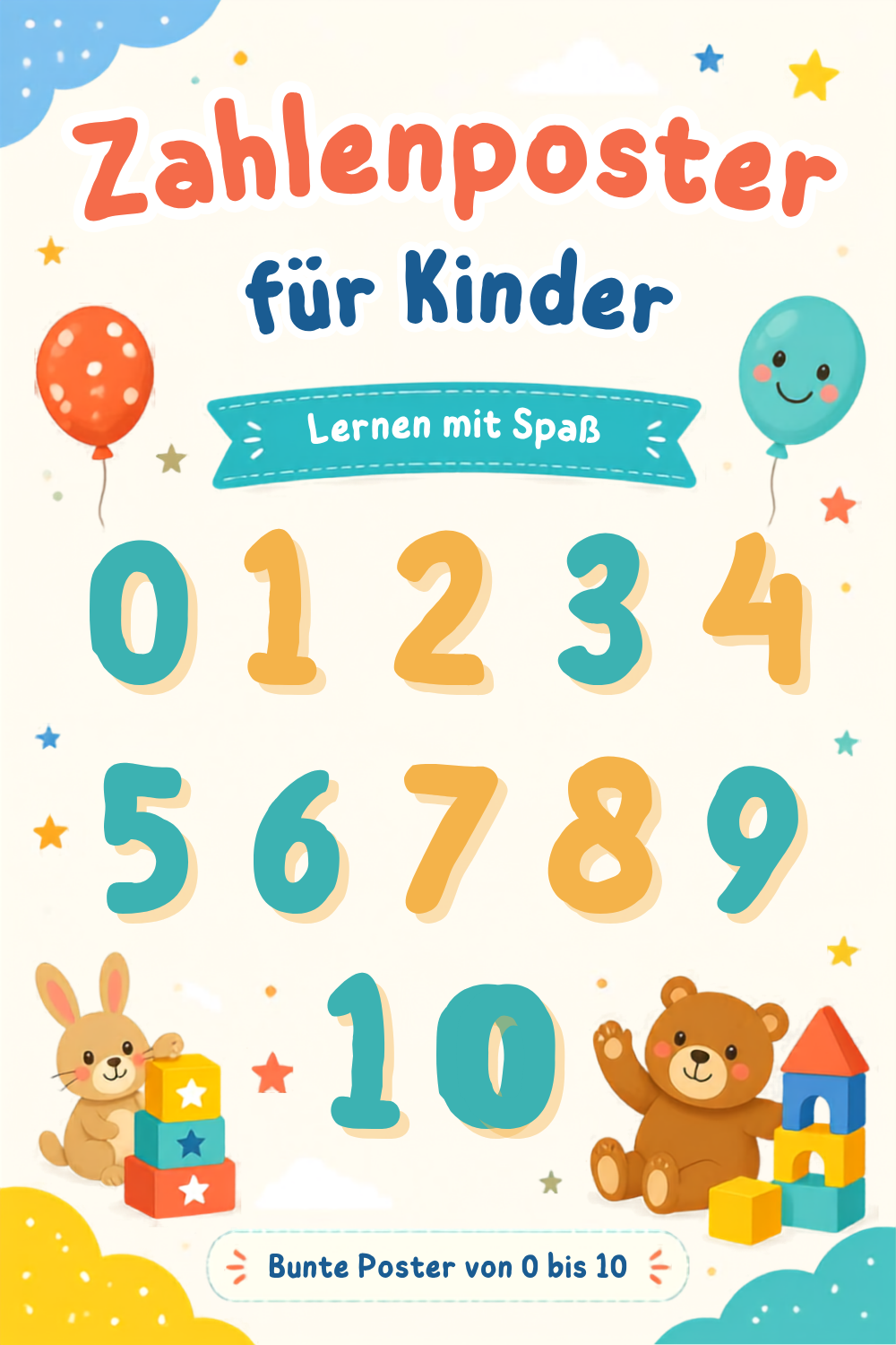 Zahlenposter für Kinder Digital mit bunten Zahlen und fröhlichen Illustrationen für spielerisches Lernen.
