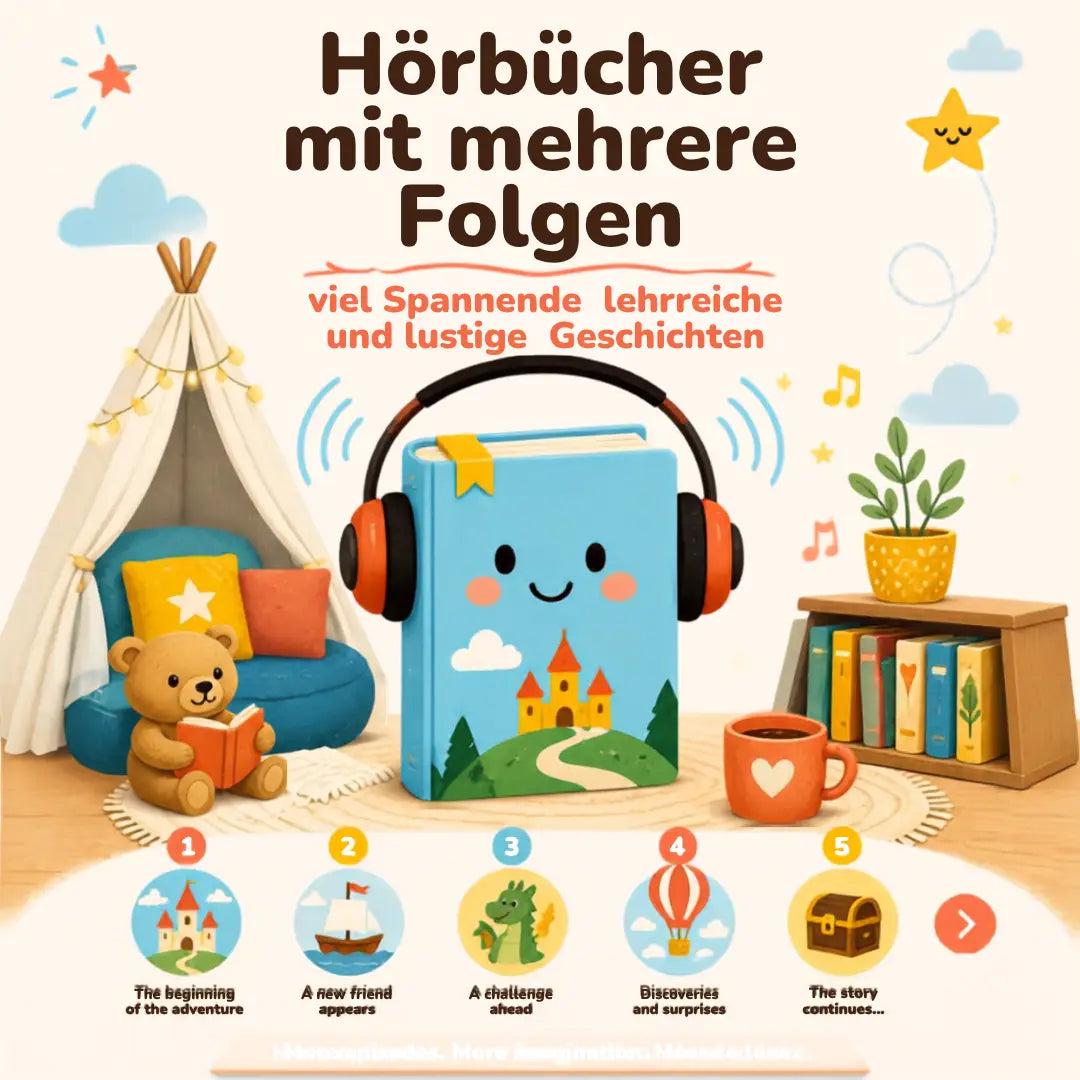 Hörbuch Abenteuer auf dem Bauernhof mit 10 Kapitel, bunte Illustration von Bauernhof und Tieren.