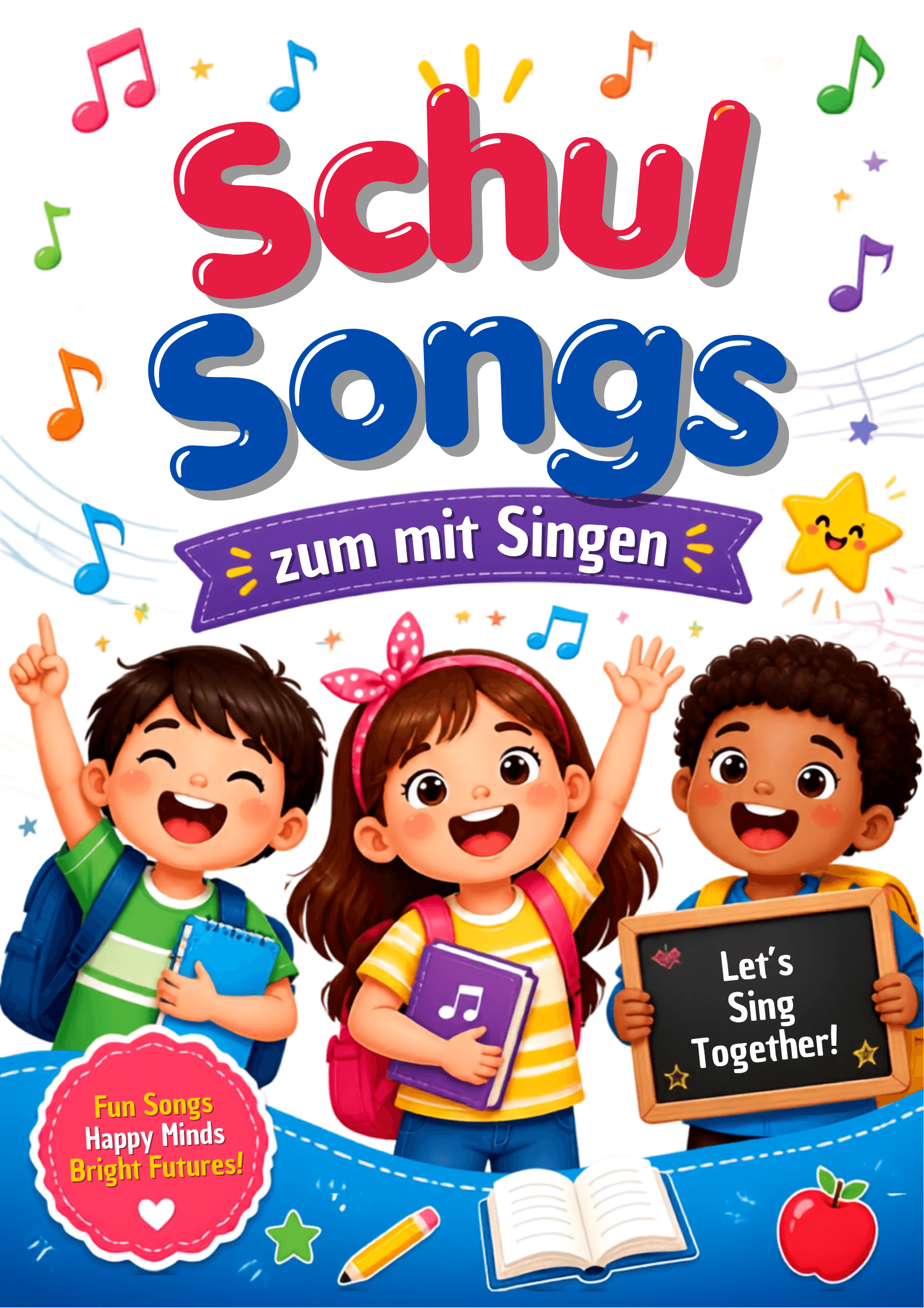 Kinderlied-Lesen schreiben rechnen Lachen. Fröhliche Kinder beim Lernen und Spielen.