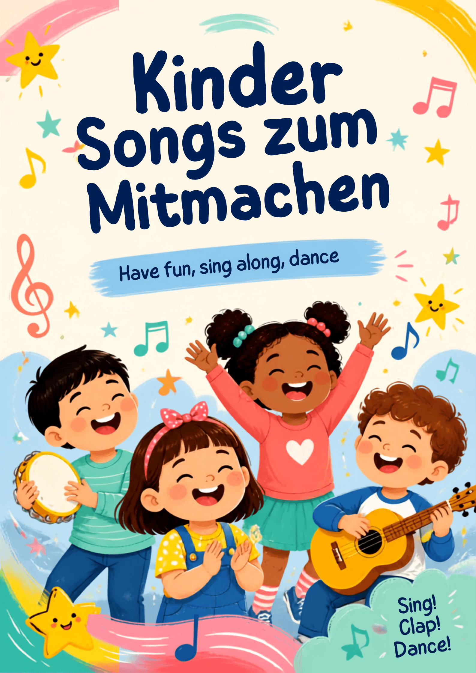 Kinderlied-Tanz im Kreis gemeinsamen Spaß: fröhliche Kinder tanzen im Kreis in einem bunten Garten.