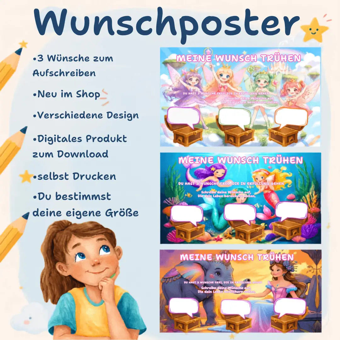 Wunschposter für unsere Kinder mit verschiedenen Designs zum Aufschreiben von Wünschen im Shop.