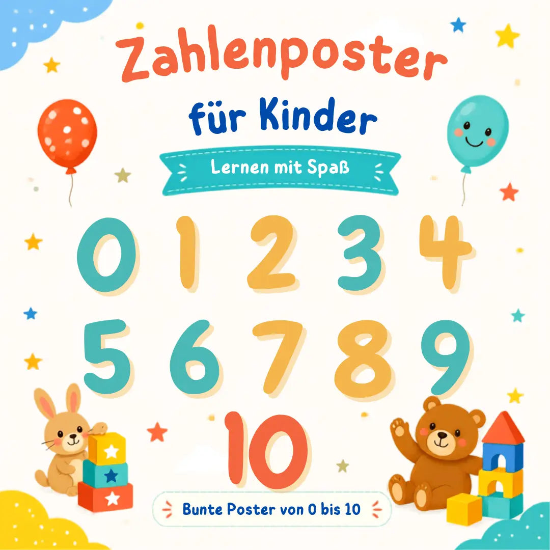 Zahlenposter für Kinder Digital mit bunten Zahlen und fröhlichen Illustrationen für spielerisches Lernen.