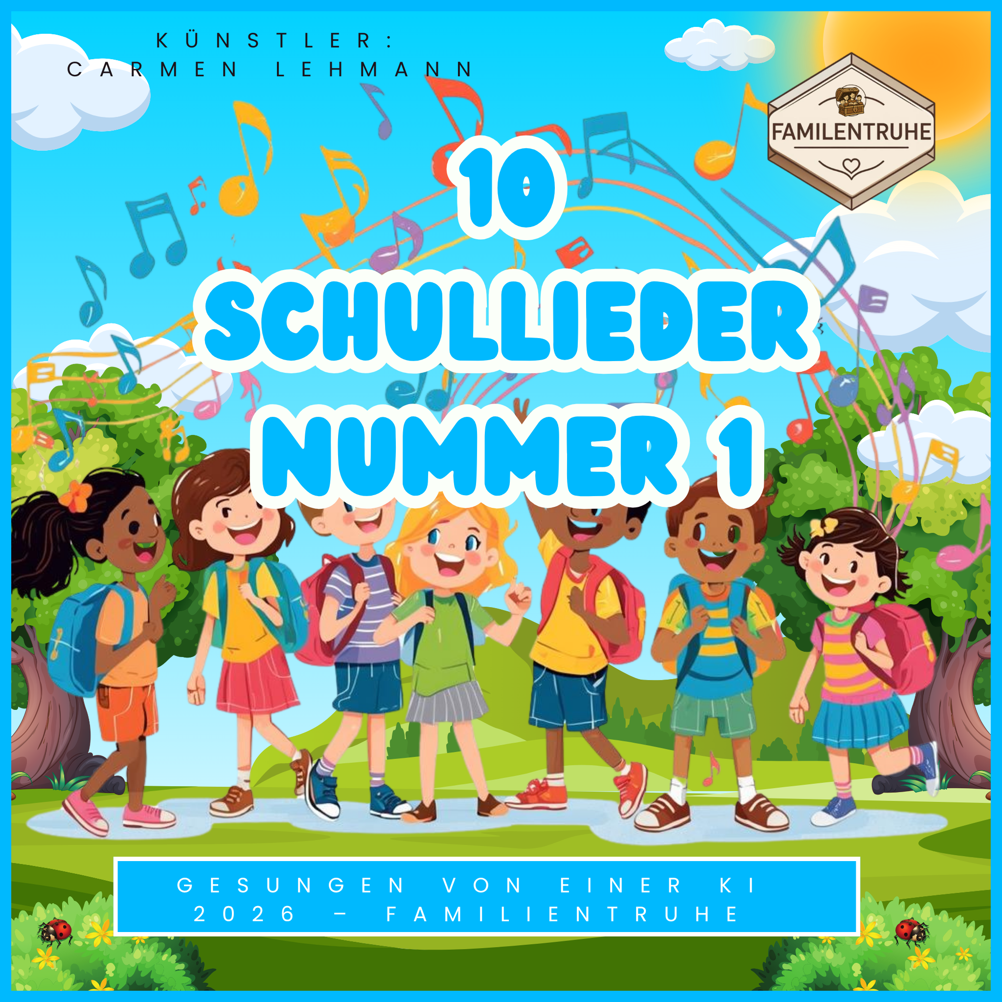 10 Schullieder Nummer 1 - Mega Spar-Paket mit fröhlichen Schulkindern und Musiknoten im Hintergrund.