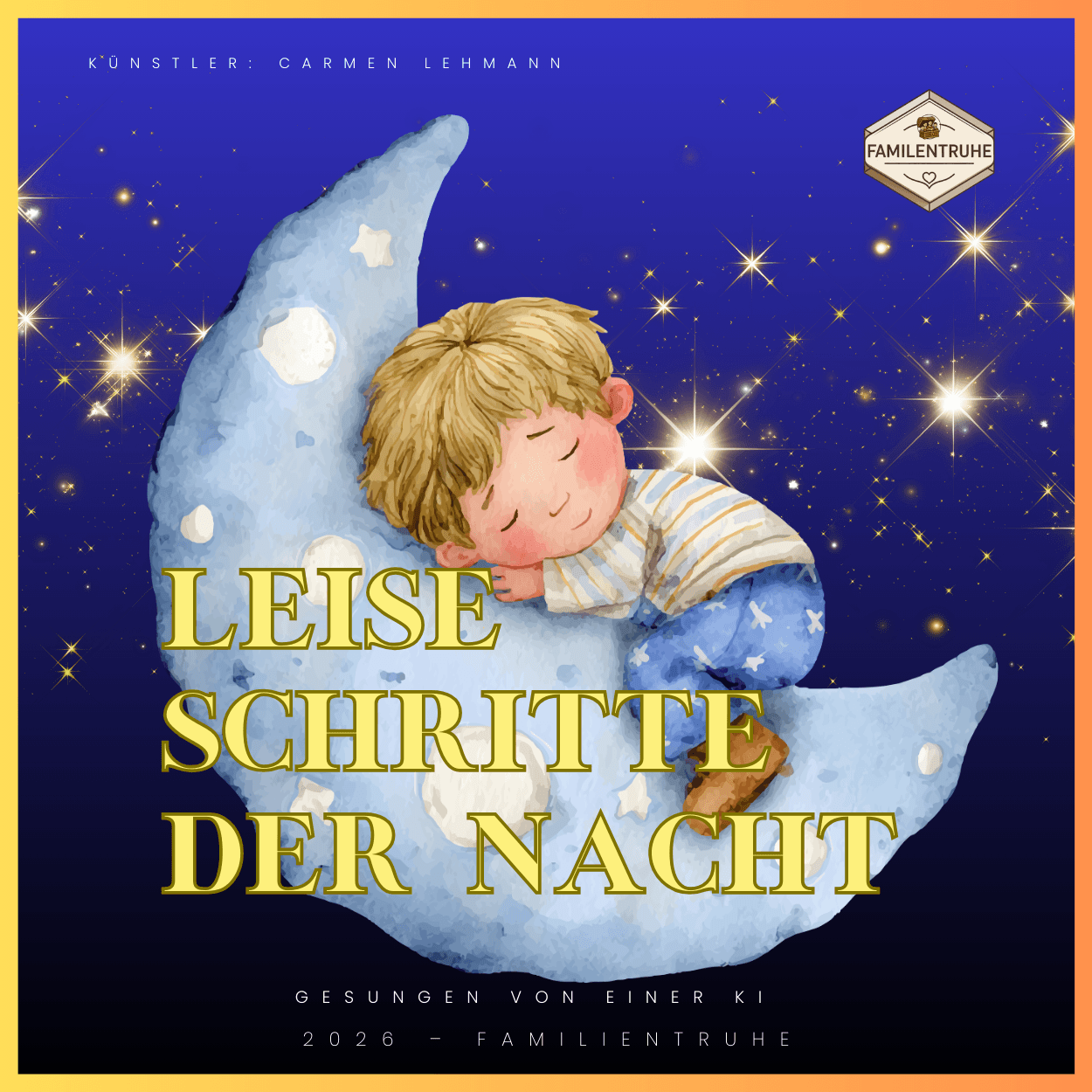 Cover des Wiegenlieds "Leise Schritte der Nacht" mit einem schlafenden Jungen auf einem Mond.