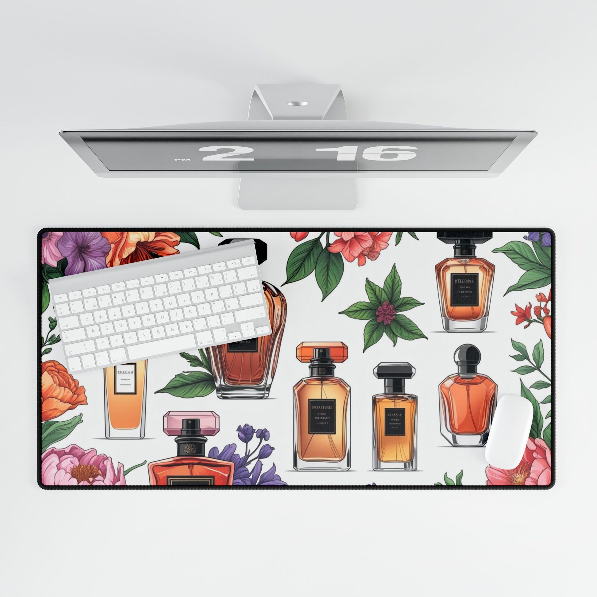 Florale Parfüm Schreibtischmatte - Elegantes Bürodekor, personalisierter Arbeitsplatz, Geschenk für Sie, Parfümliebhaber, stilvolles Schreibtischaccessoire