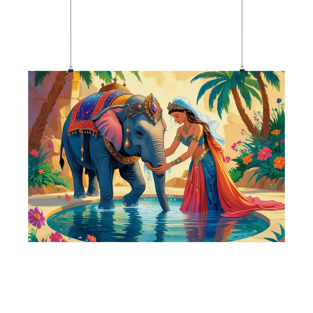 Elefant Oasis Satin Poster, Exotische Wandkunst, Tropisches Wohndekor, Boho Stil, Geschenk für Naturliebhaber, Farbenfroher Schlafzimmer Akzent