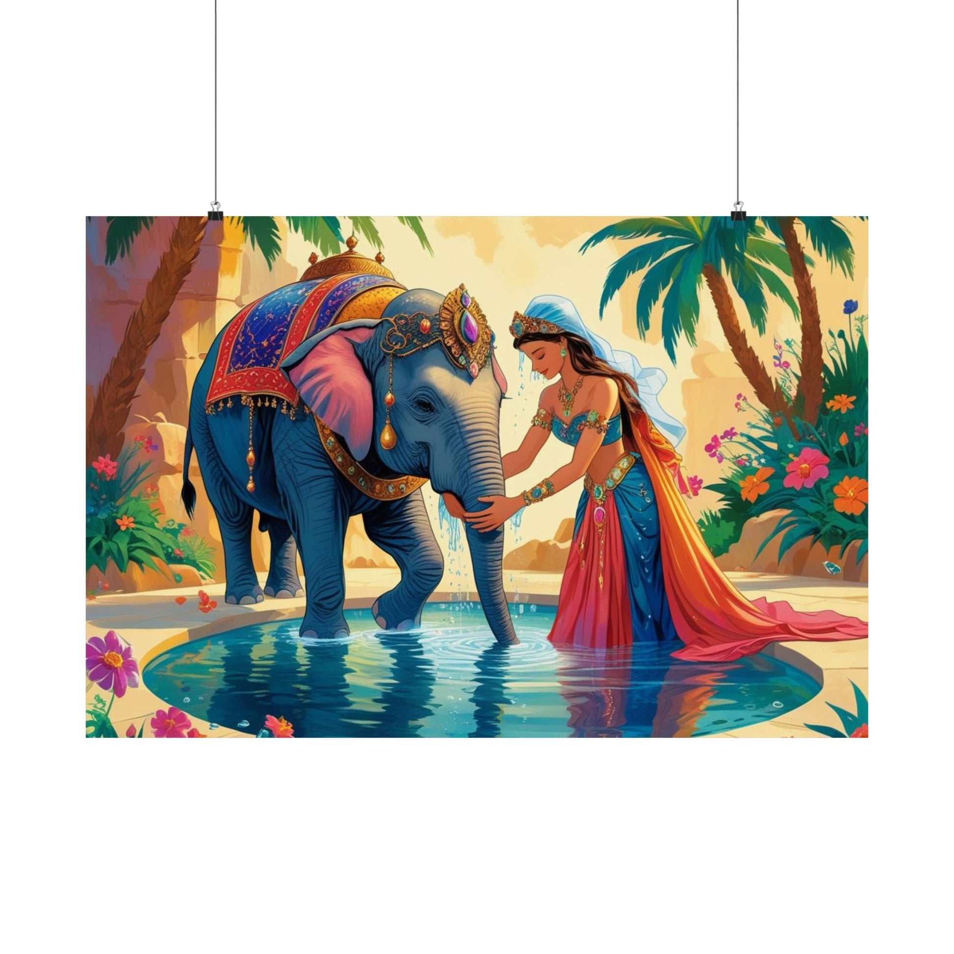Elefant Oasis Satin Poster, Exotische Wandkunst, Tropisches Wohndekor, Boho Stil, Geschenk für Naturliebhaber, Farbenfroher Schlafzimmer Akzent
