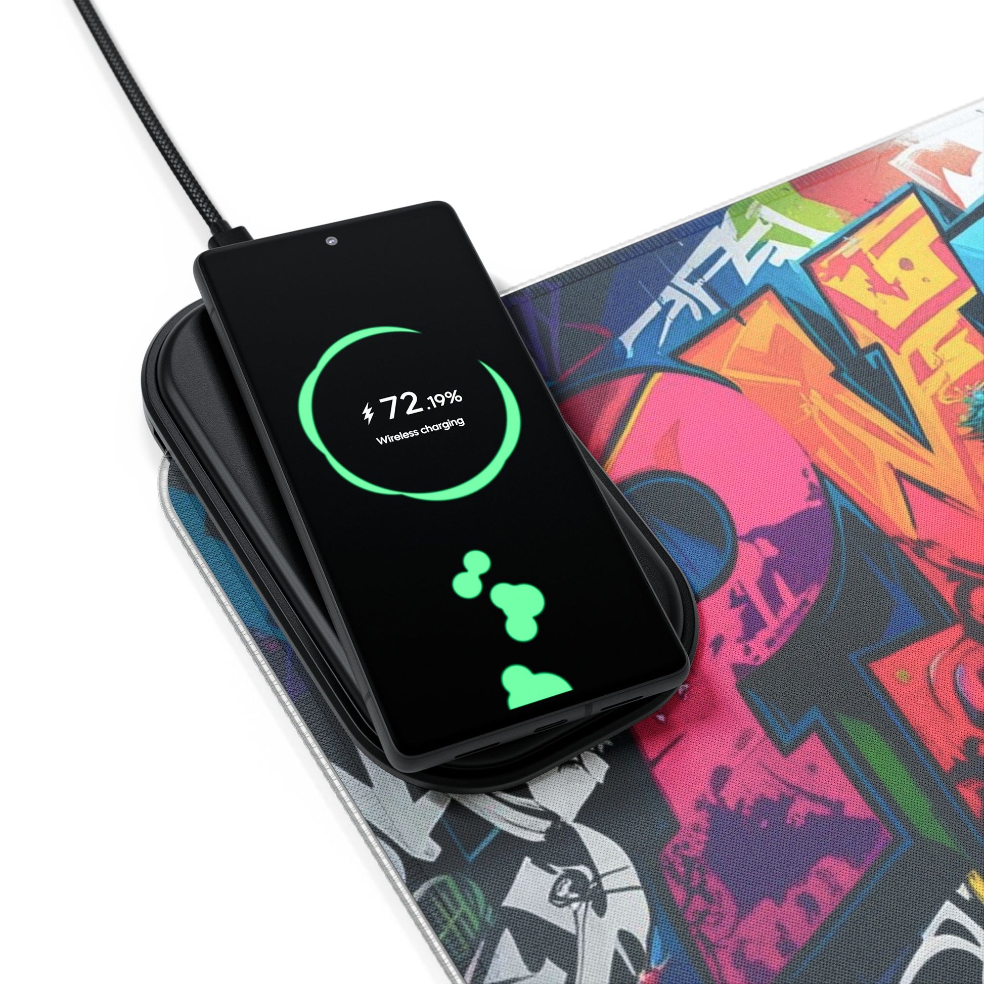 LED-Gaming-Mauspad – Kabelloses Laden, buntes Graffiti-Design, Gamer-Geschenk, Schreibtisch-Accessoire, einzigartiges Bürodekor