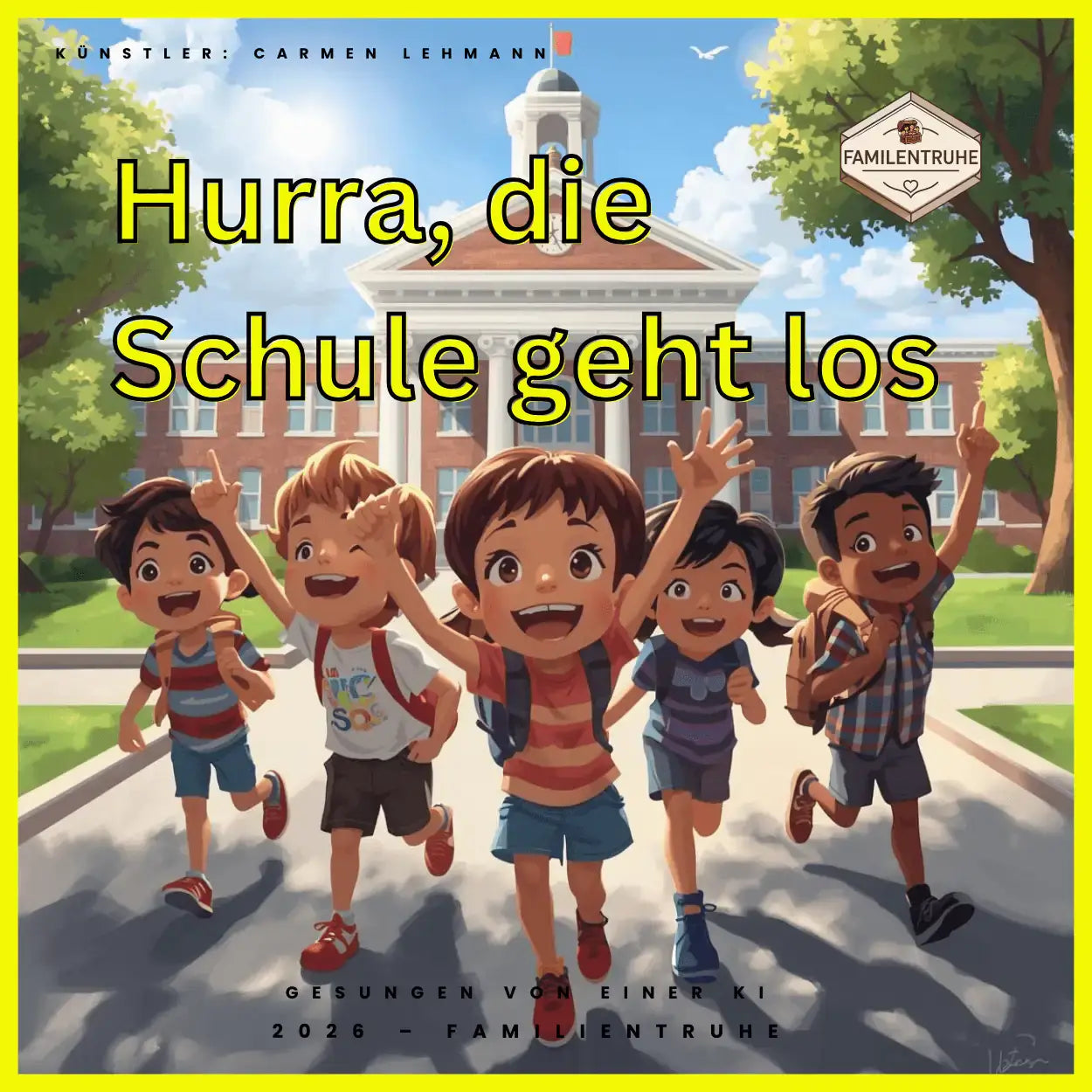 Kinderlied-Hurra die Schule geht los - Fröhliche Kinder feiern den Schulstart.