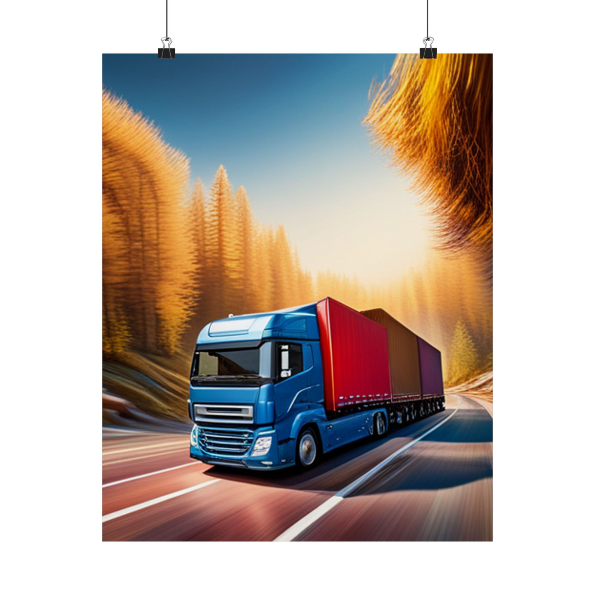 Satin-Wandkunst-Poster – Truck on Highway, Wohndekor, Geschenke für Truck-Liebhaber, Raumästhetik, Transportkunst