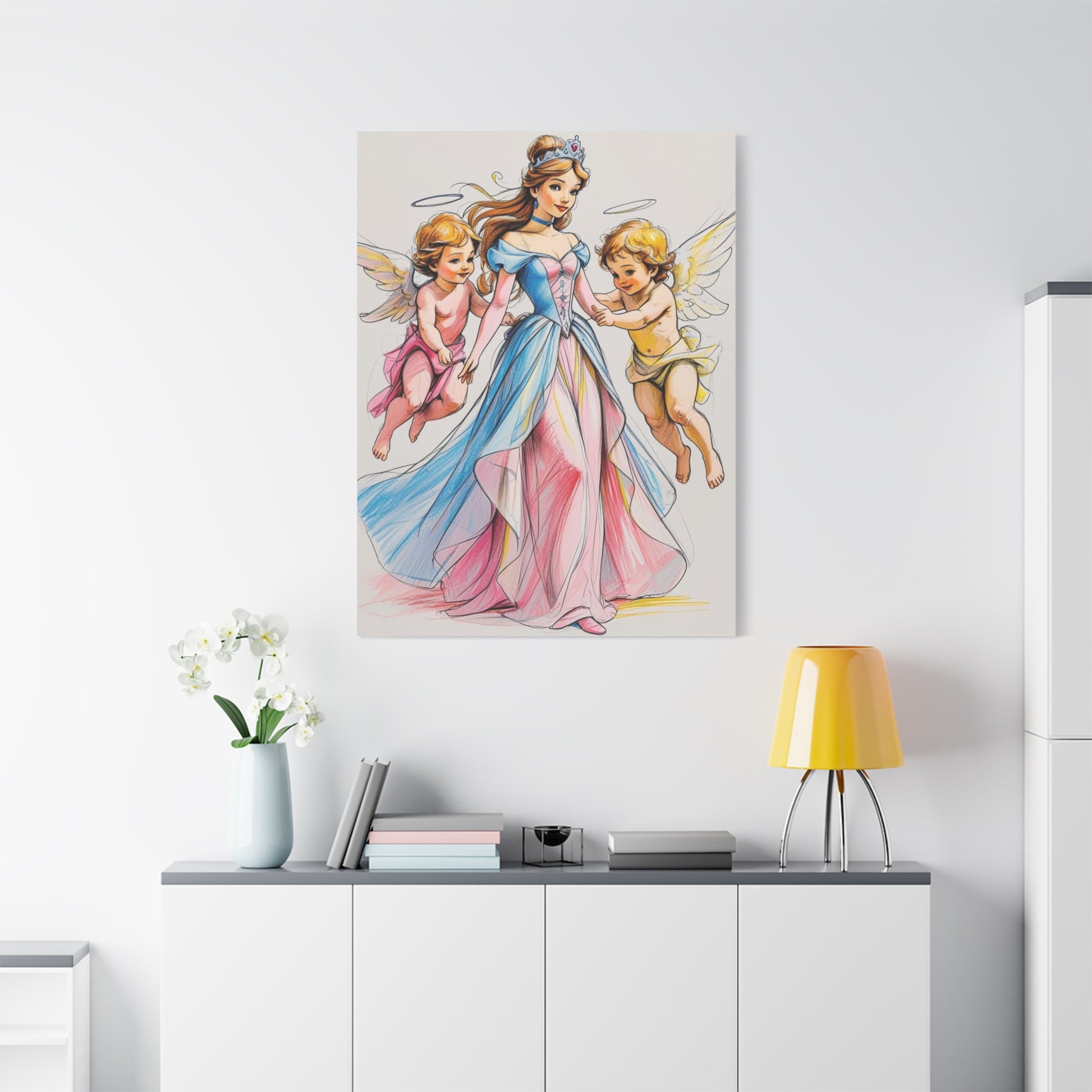 Prinzessin mit ein Seiden mehrfarbiges Kleid und kleine Engel in Mal Motiv in Großformat