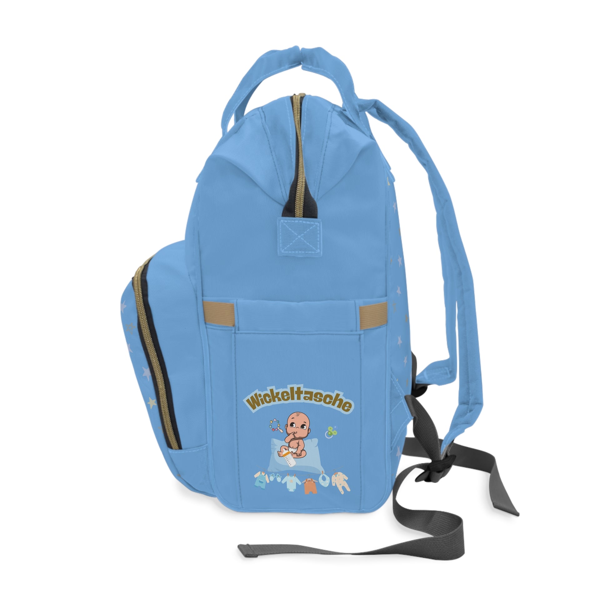 Stylischer multifunktionaler Wickelrucksack für trendige Eltern - Blau mit Sternen-Design