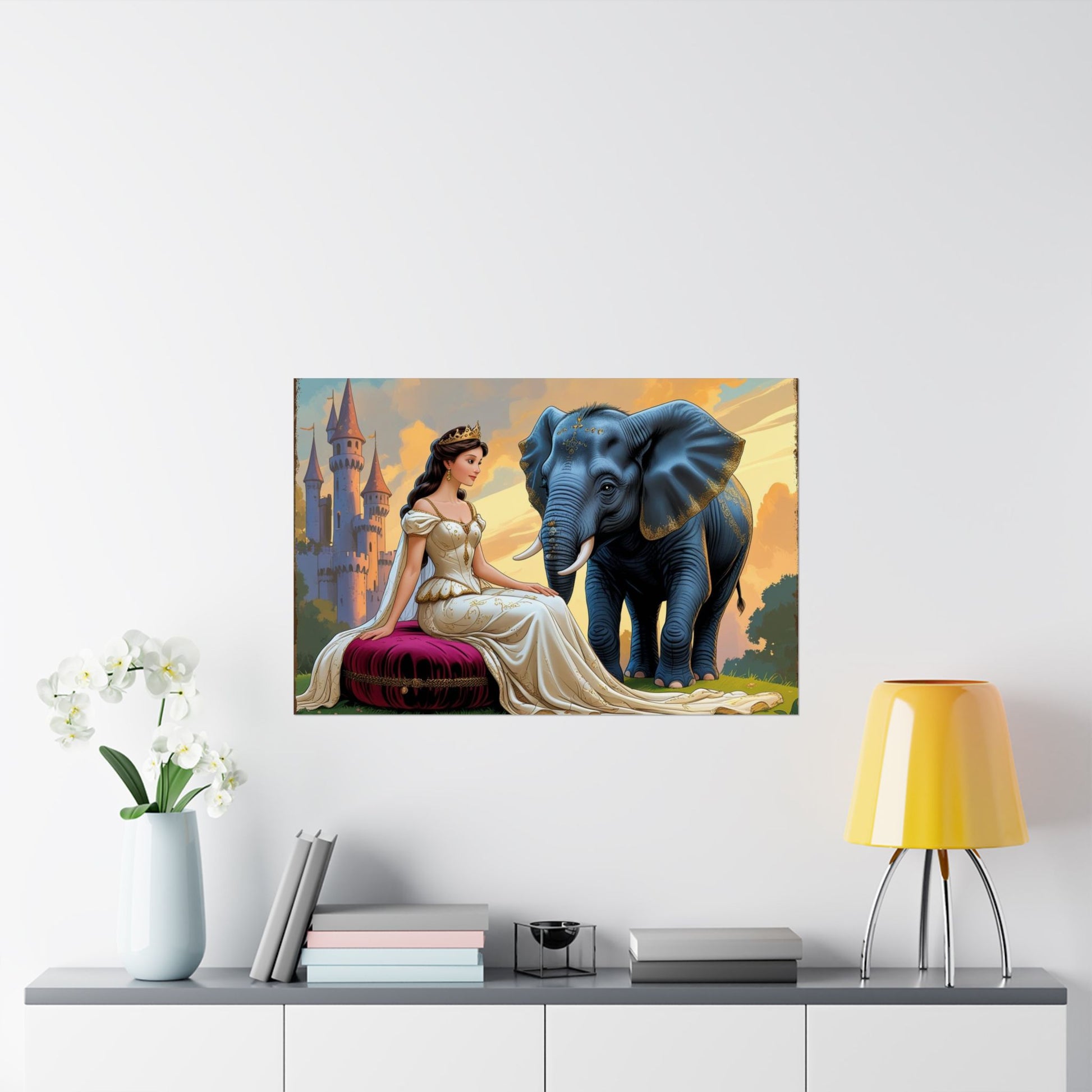 Bezaubernde Satin-Posterkunst – Prinzessin & Elefant, Wohndekor, Wandkunst, Geschenkidee, Kinderzimmerdekor, zauberhafte Illustrationen