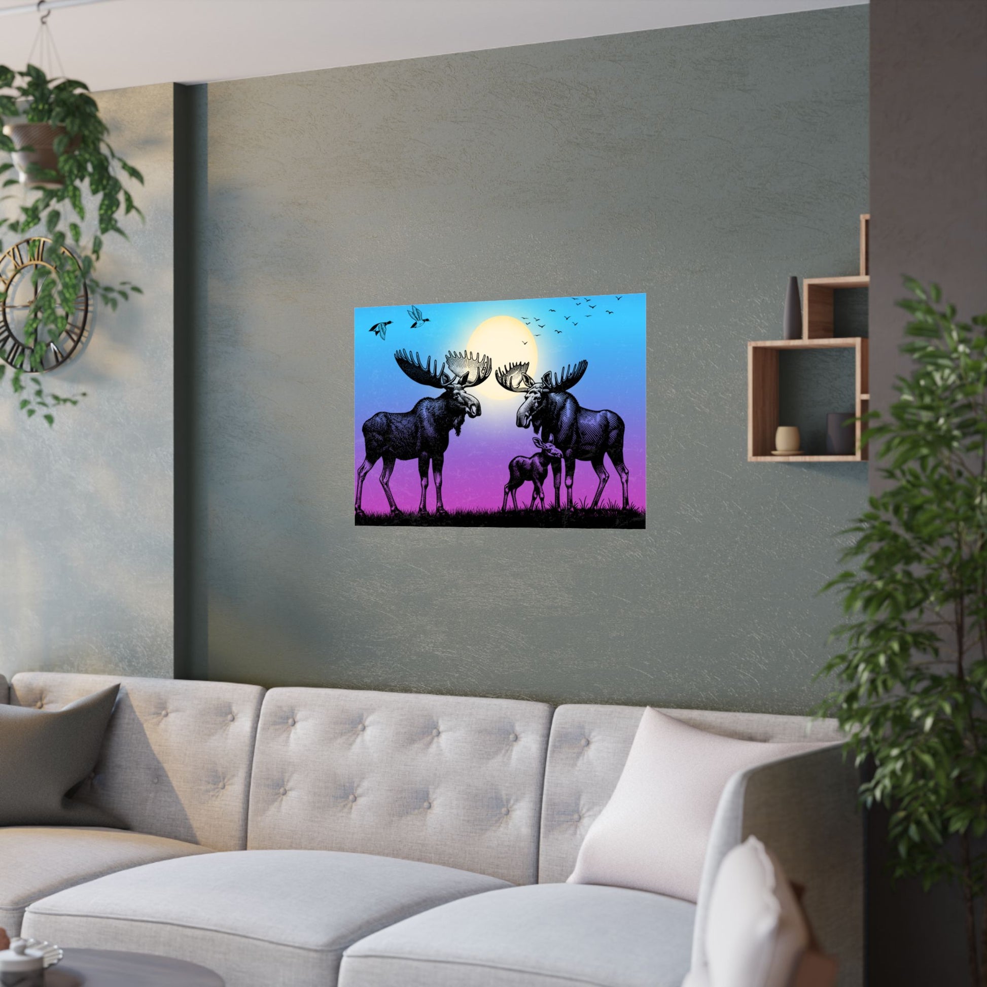 ElchFamilie Satin Poster Kunstdruck, Wildlife Dekor, Naturliebhaber Wandkunst, Wohndekor, Geschenk für Tierliebhaber, Einzigartige Poster