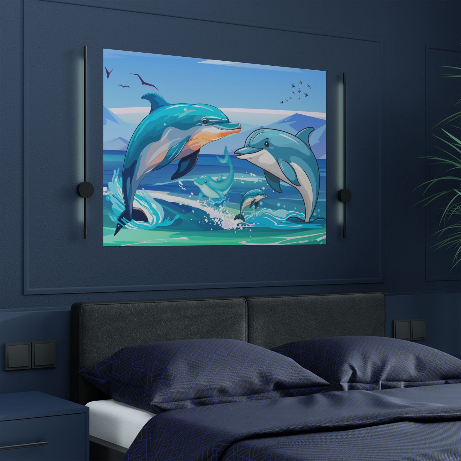 Delfin Kunst Satin Poster, Ozean Dekor, Strandhaus Wandkunst, Maritime Geschenke, Meereslebewesen Drucke, Kinderzimmer Dekor