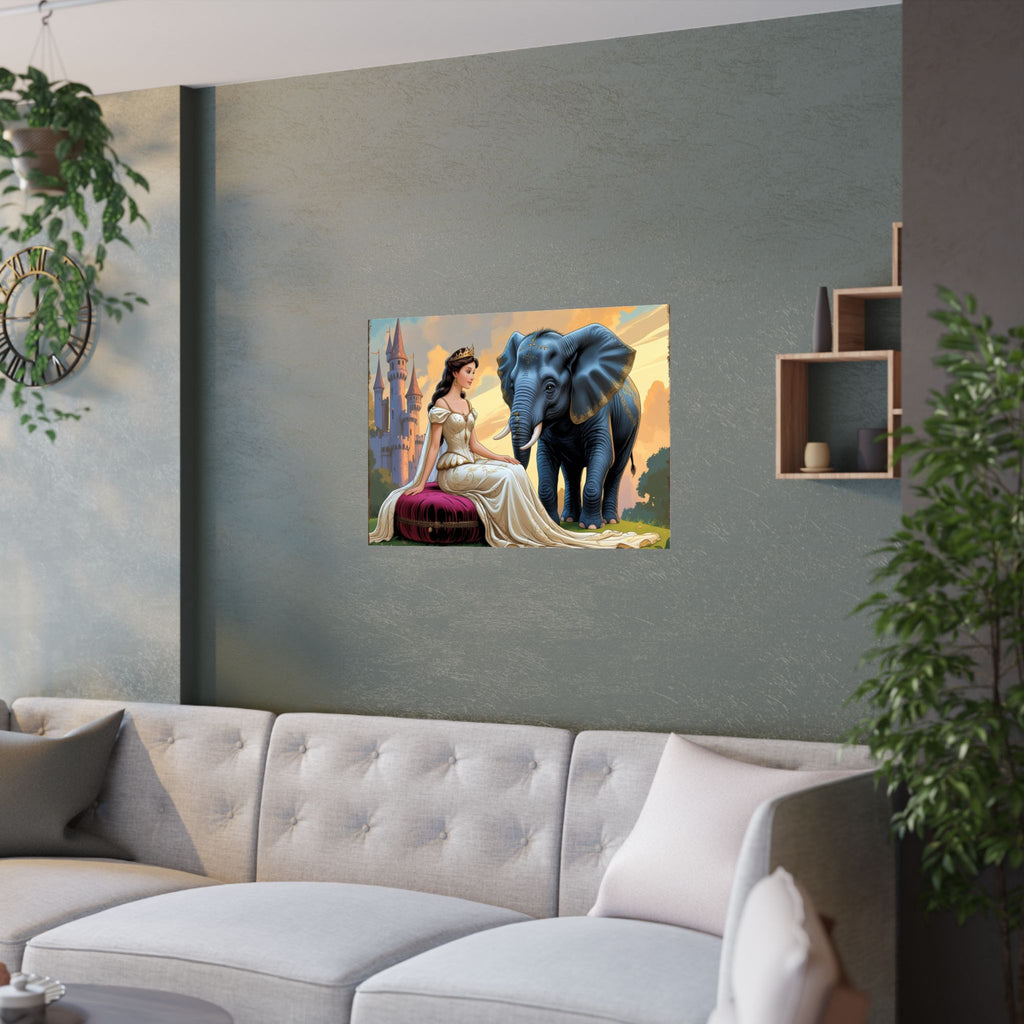 Bezaubernde Satin-Posterkunst – Prinzessin & Elefant, Wohndekor, Wandkunst, Geschenkidee, Kinderzimmerdekor, zauberhafte Illustrationen