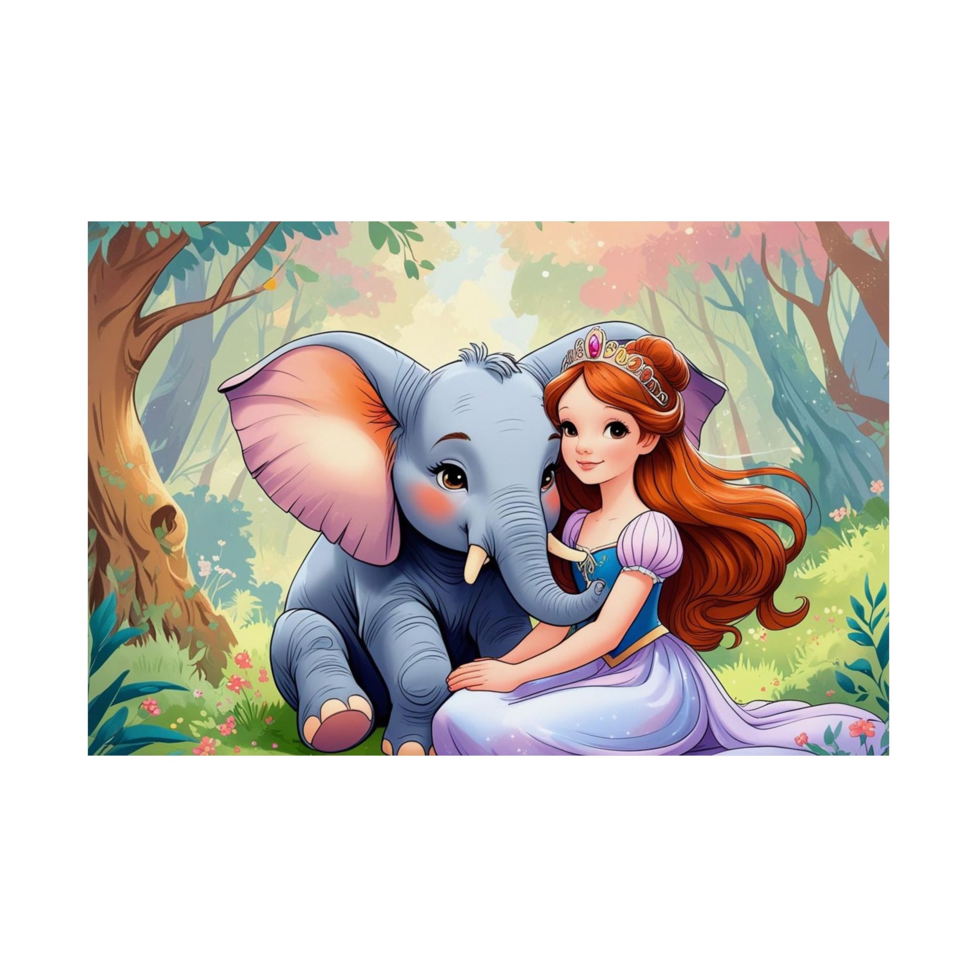 Wunderliche Satin-Posterkunst | Elefanten- und Prinzessinnen-Design, Kinderzimmer-Dekor, Kinderzimmer-Wandkunst, Geschenk für Tierliebhaber, Fantasy-Kunstwerk