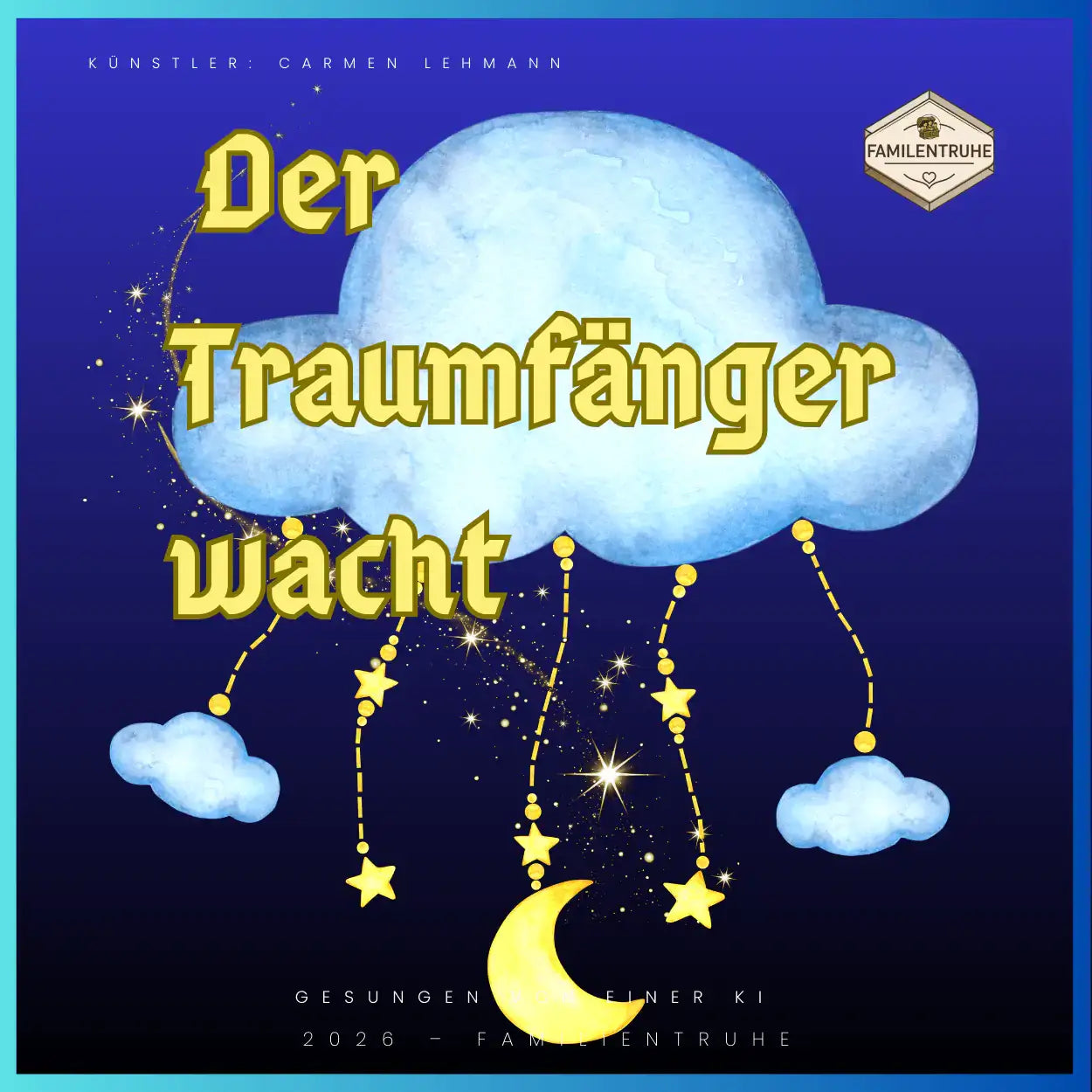 Wiegenlied-Illustration mit Wolken und Sternen für das Lied Der Traumfänger wacht zur Gutenacht.