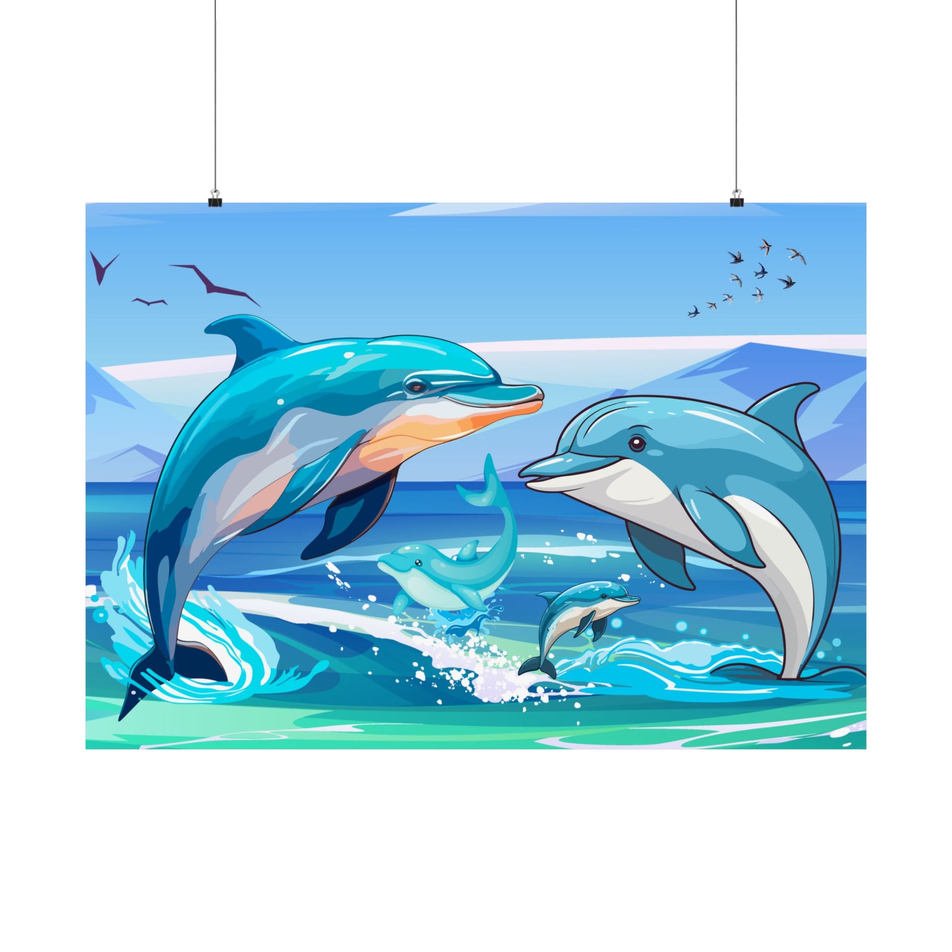 Delfin Kunst Satin Poster, Ozean Dekor, Strandhaus Wandkunst, Maritime Geschenke, Meereslebewesen Drucke, Kinderzimmer Dekor