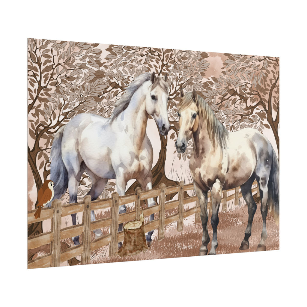 Poster - Two horses gray white checkered greeting each other at the fence
