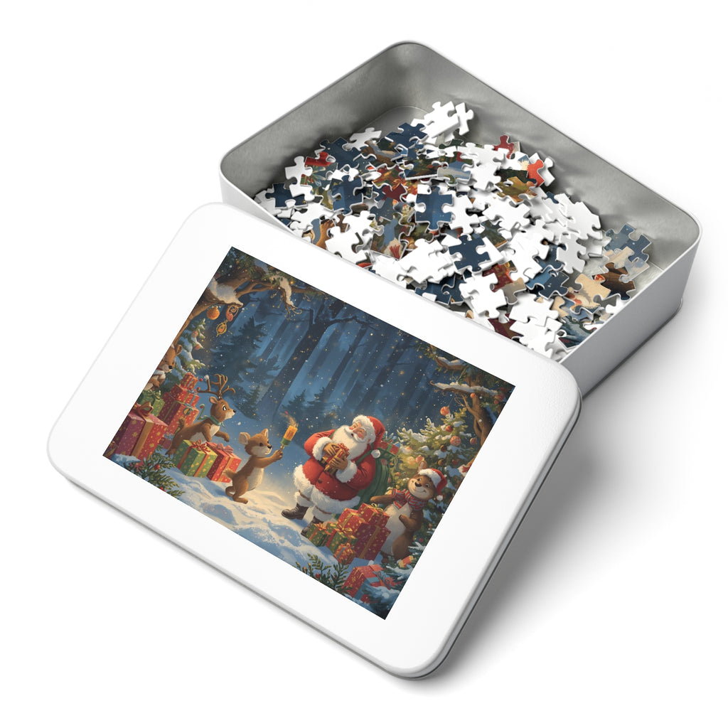 Festliches Weihnachtspuzzle, Familienaktivität für die Feiertage, Geschenkset aus Blech, Szene mit Weihnachtsmann und Freunden, Puzzlespiel für alle Altersgruppen, Jahreszeitendekoration