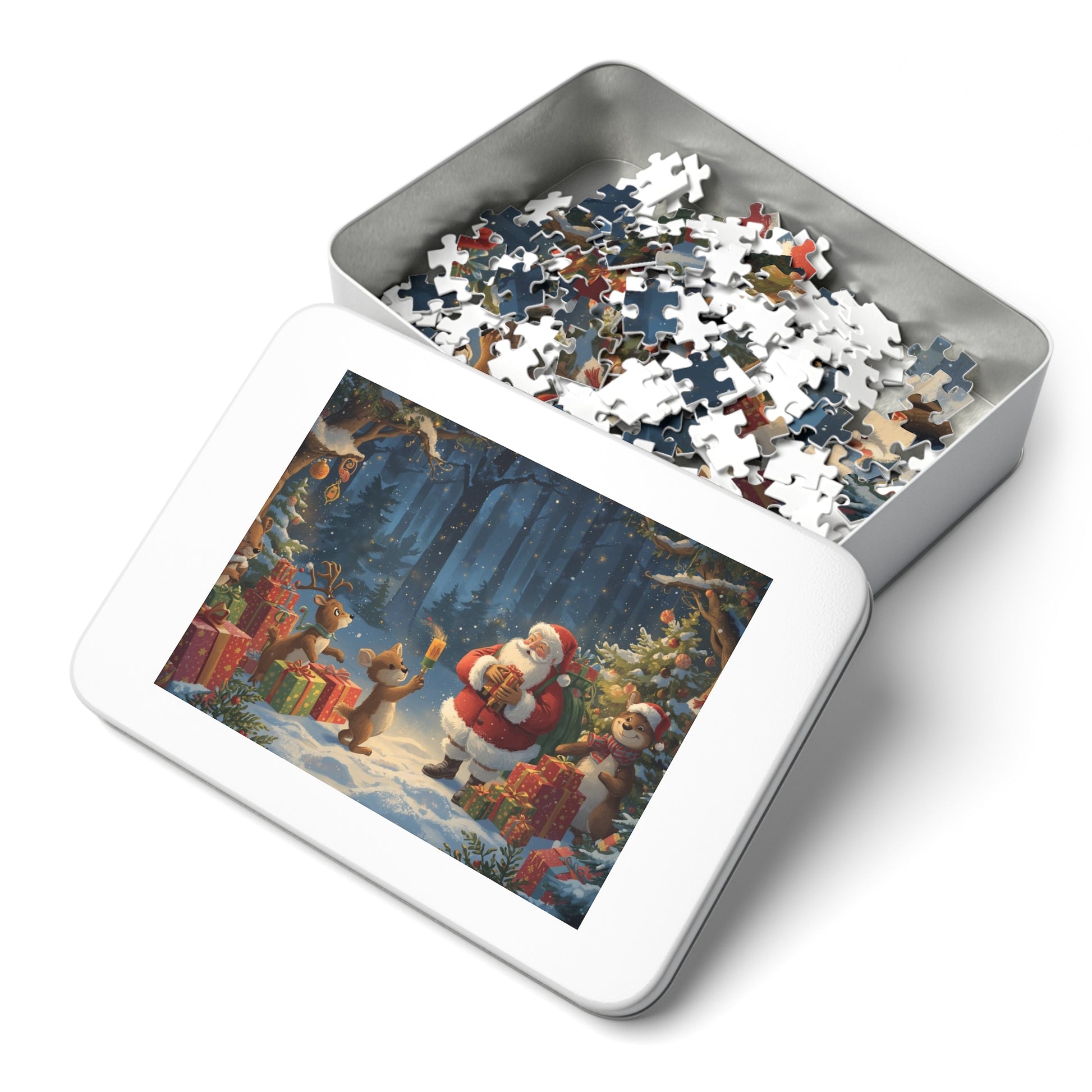 Festliches Weihnachtspuzzle, Familienaktivität für die Feiertage, Geschenkset aus Blech, Szene mit Weihnachtsmann und Freunden, Puzzlespiel für alle Altersgruppen, Jahreszeitendekoration