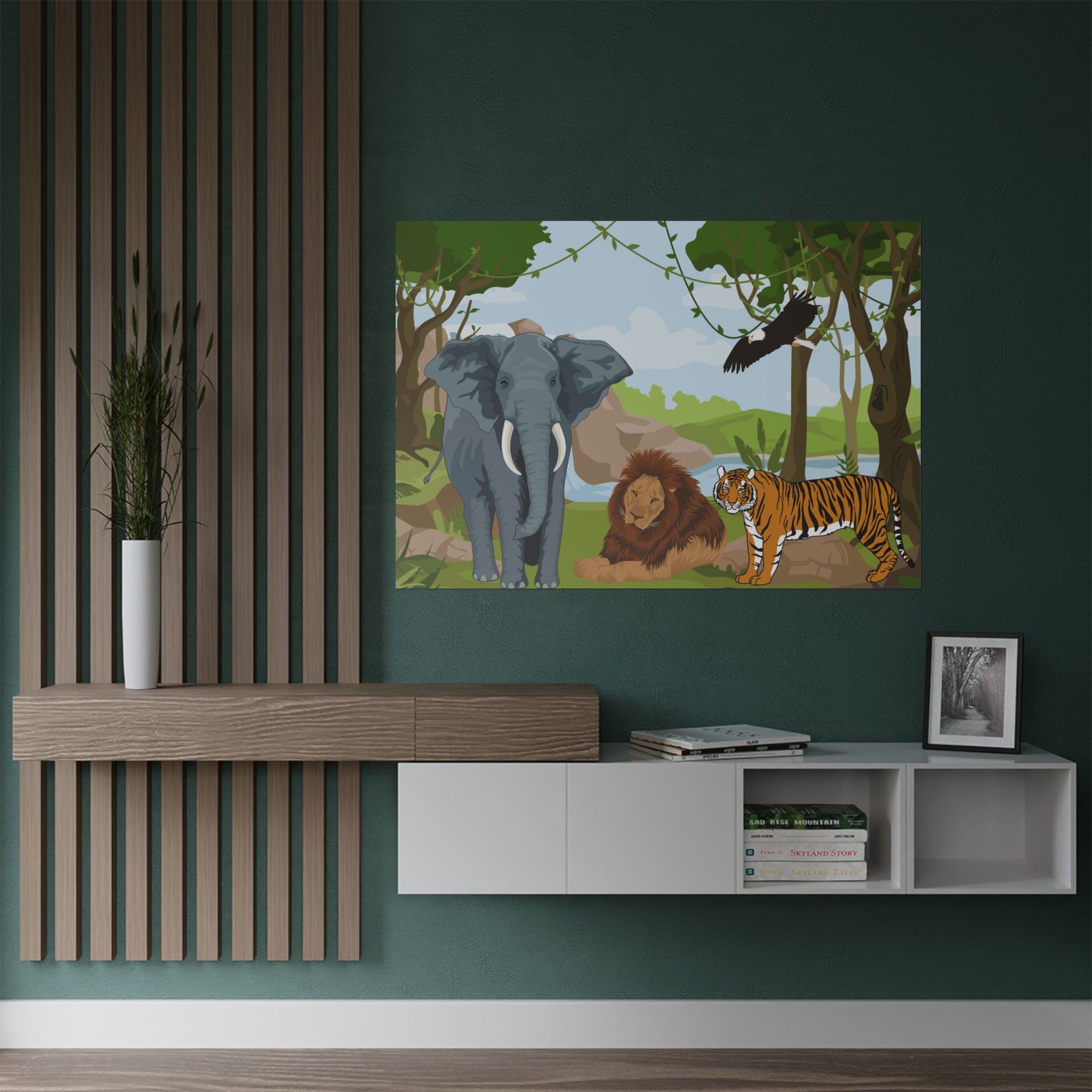 Wildlife Adventure Satin Poster, Dschungel Kunstdruck, Safari Dekor, Kinderzimmer Wandkunst, Geschenk für Naturliebhaber, Tier-Themen-Wohndekor