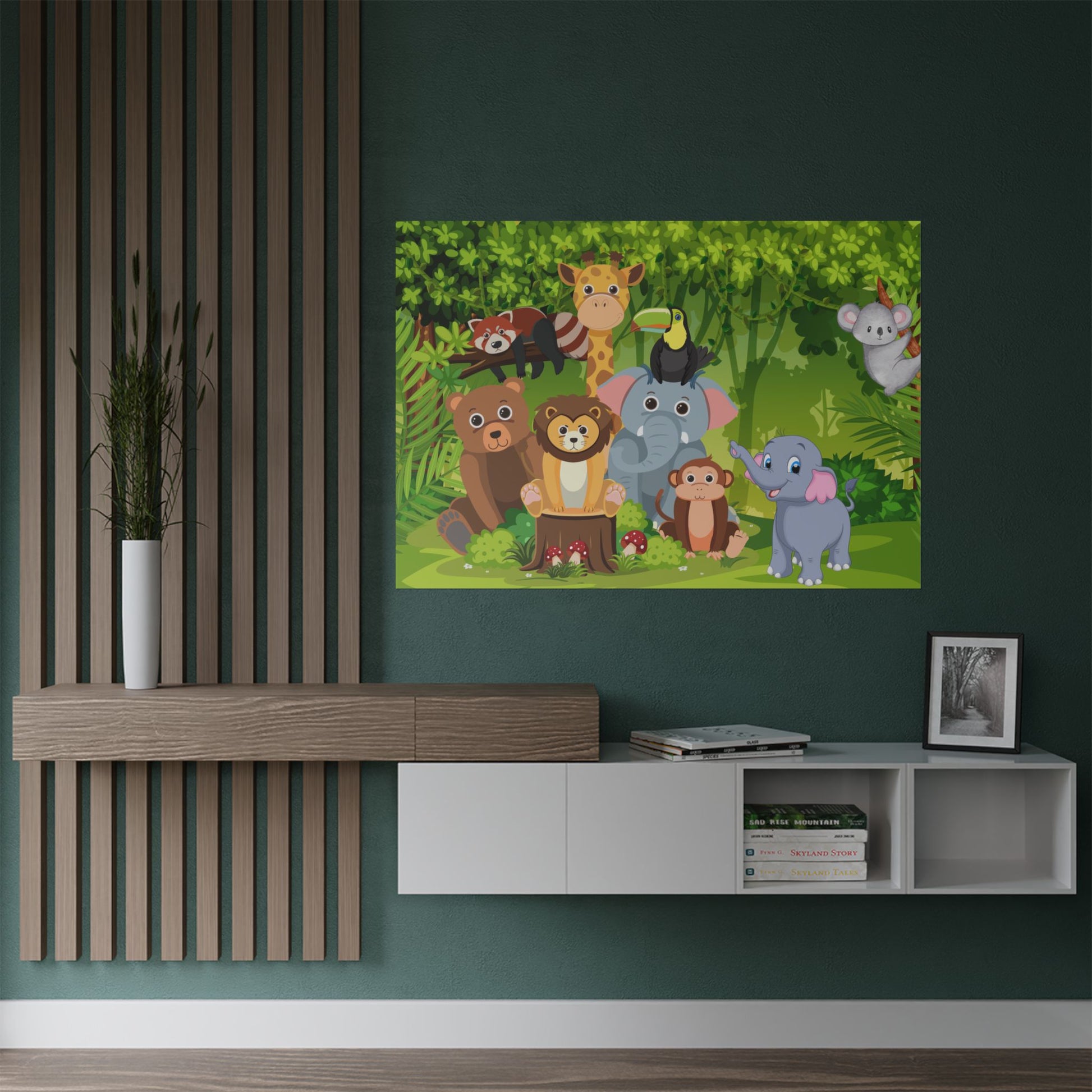 Buntes Satin-Poster mit Tierfreunden | Kinderzimmer-Dekor, Kinderzimmer-Wandkunst, Spielzimmer-Dekoration, Dschungeltiere-Druck, Babyparty-Geschenk